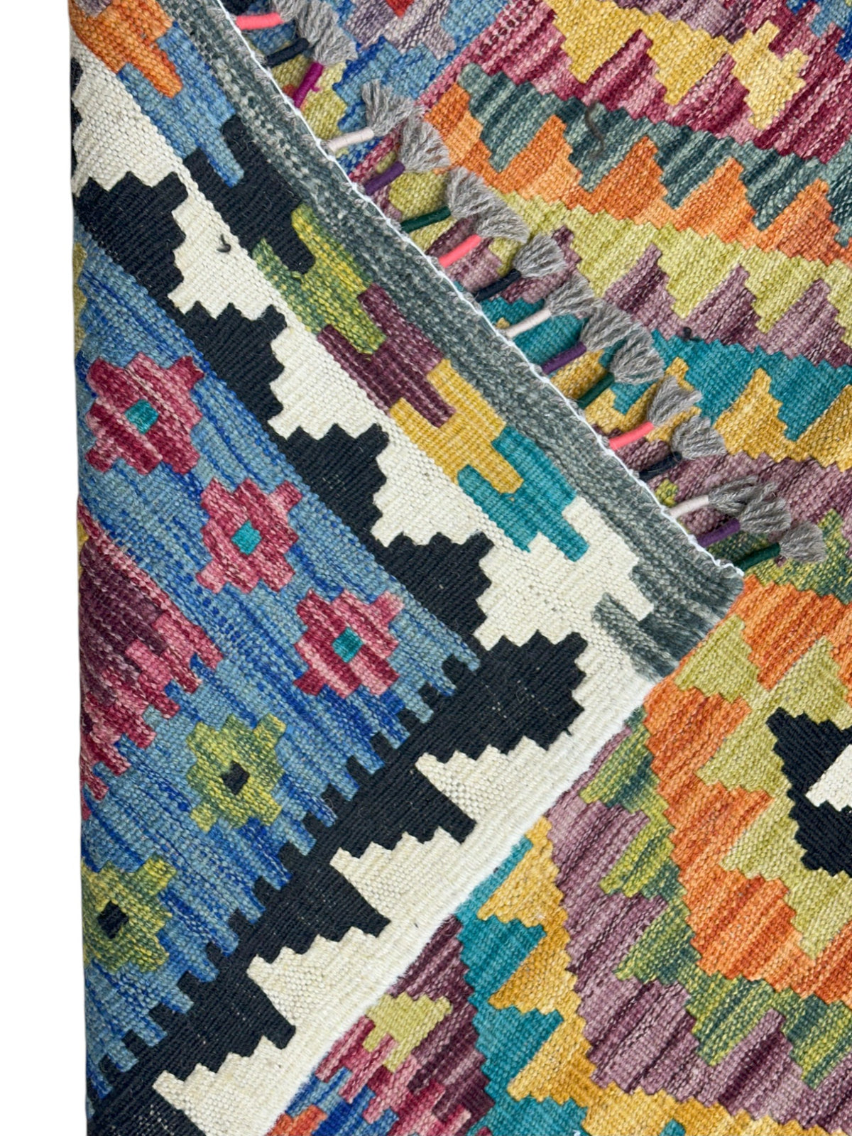 Afghan Kilim Runner 3x6, Blue, Orange & Gold, Hand-Woven Wool Flatweave, view 3