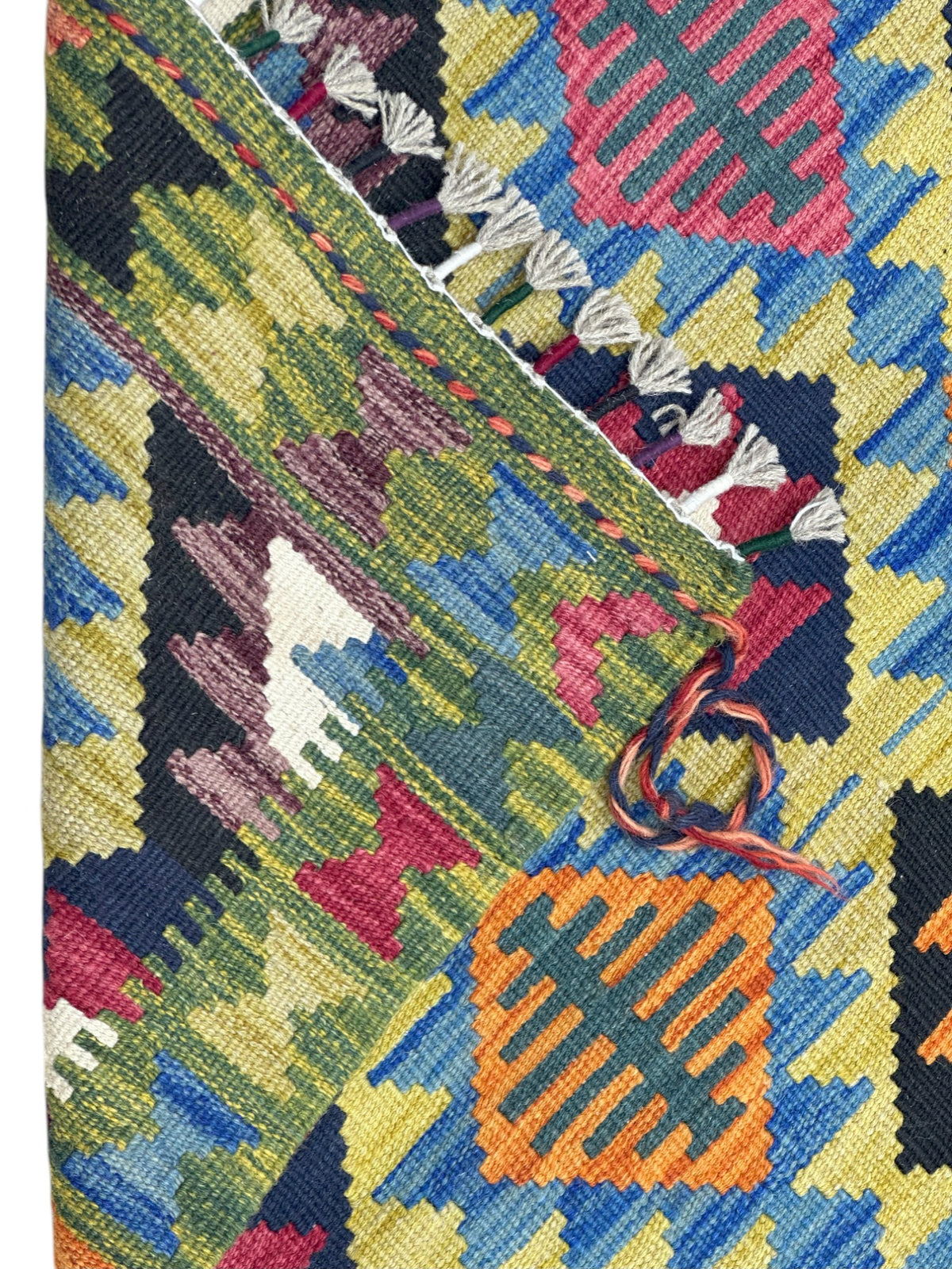 Afghan Kilim Runner 3x6, Olive Green, Black & Pink, Diamond Lattice Wool Flatweave, view 3