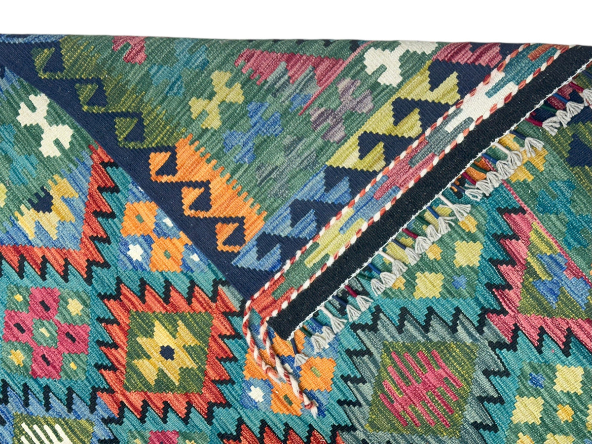 Afghan Kilim Rug 6x9, Teal, Navy & Orange, Hand-Woven Wool Flatweave, view 3
