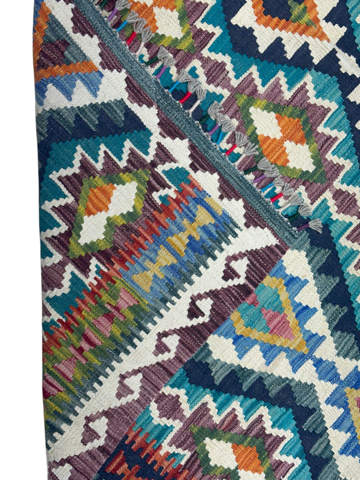 Afghan Kilim Rug 6x8, Teal, Ivory & Navy, Hand-Woven Wool Flatweave, view 3
