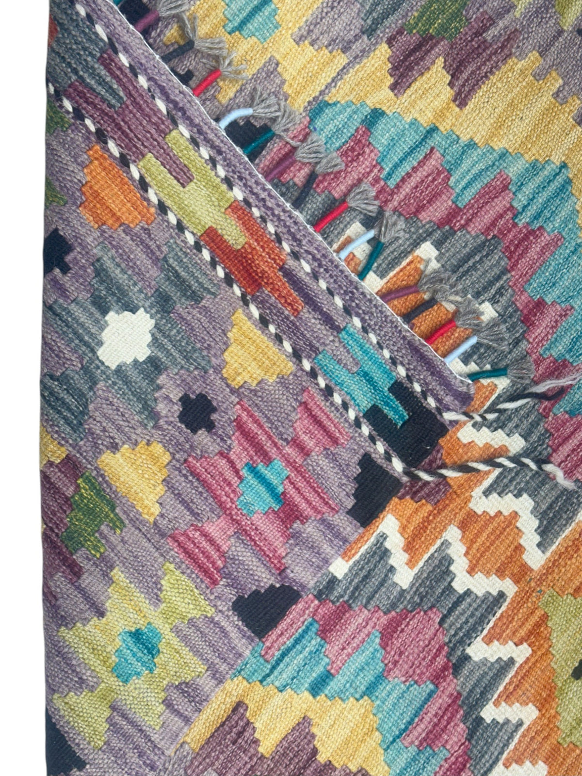 Afghan Kilim Runner 3x6, Purple, Orange & Gold, Hand-Woven Wool Flatweave, view 3