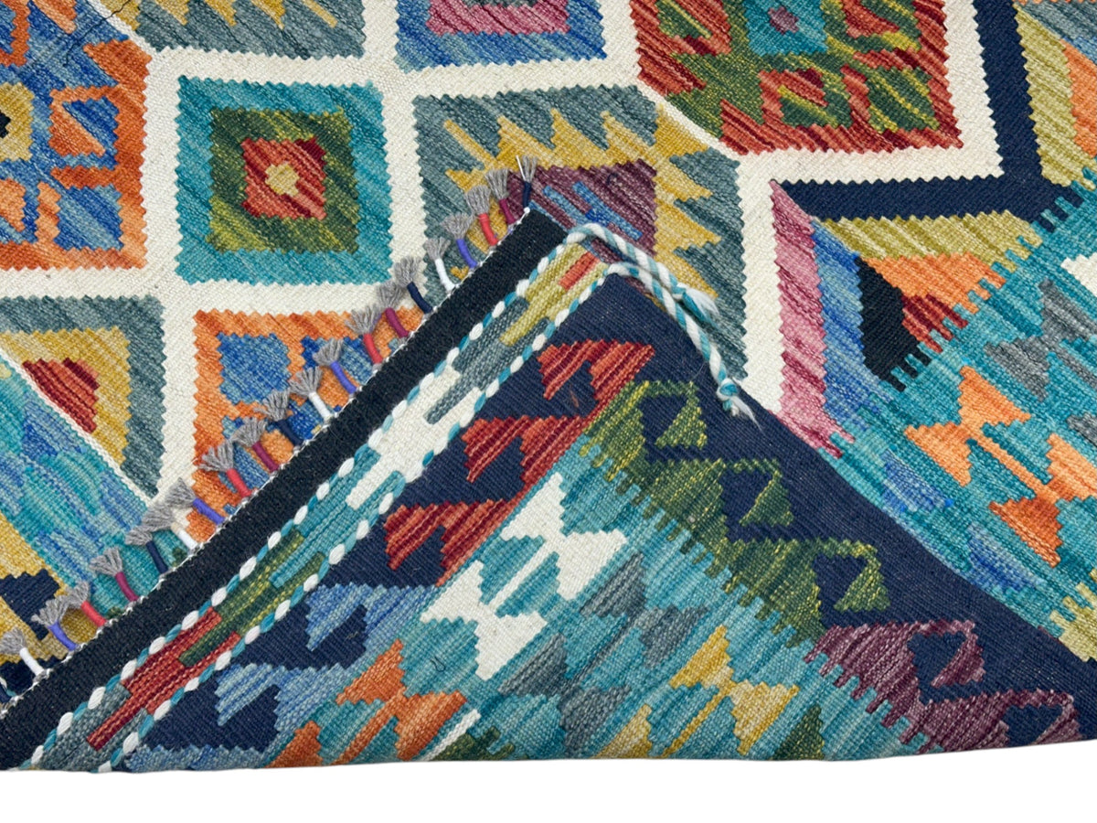 Afghan Kilim Rug 6x8, Teal, Navy & Ivory, Hand-Woven Wool Flatweave, view 3