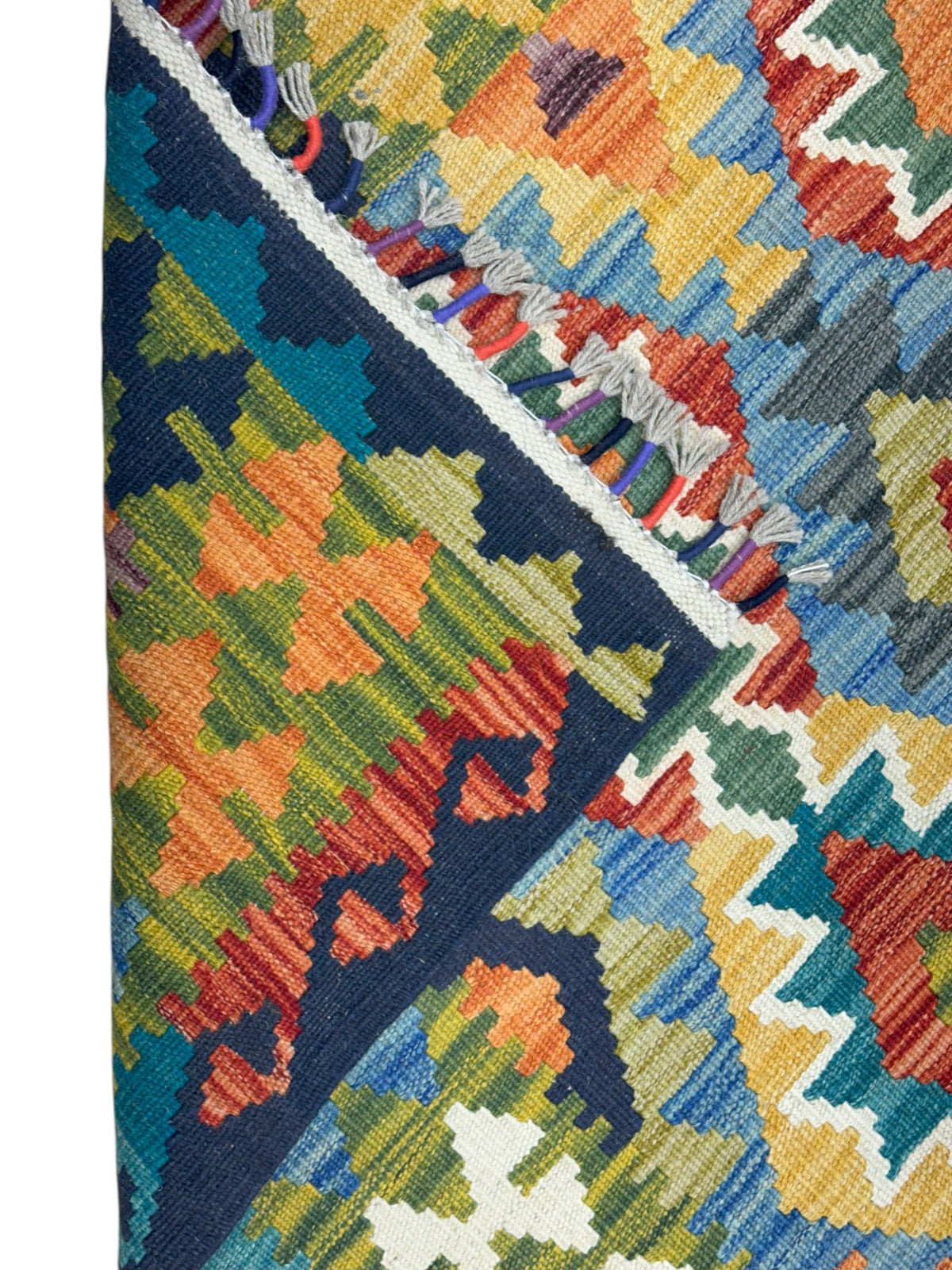 Afghan Kilim Rug 6x8, Orange, Blue & Navy, Hand-Woven Wool Flatweave, view 3