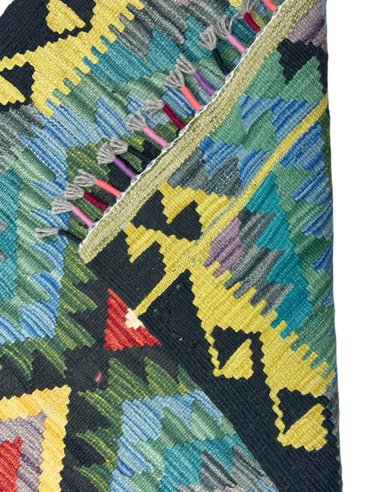 Afghan Kilim Runner 2x7, Black, Teal & Olive Green, Hand-Woven Wool Flatweave, view 3