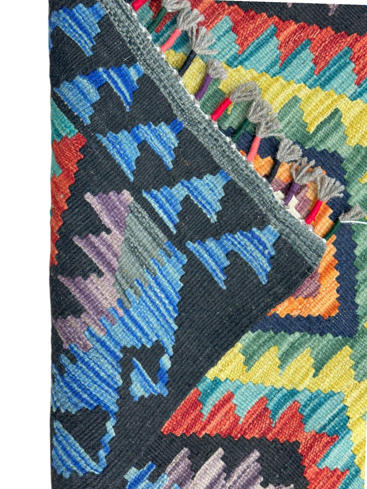 Afghan Kilim Runner 2x7, Navy, Olive Green & Blue, Hand-Woven Wool Flatweave, view 3