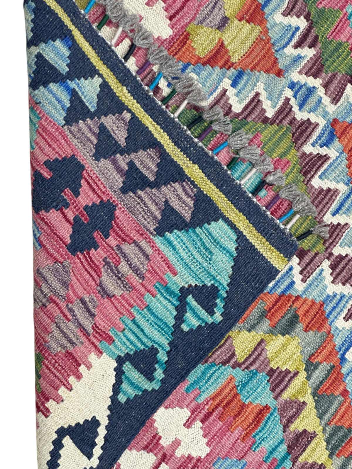 Afghan Kilim Rug 3x5, Pink, Navy & Green, Hand-Woven Wool Flatweave, view 3