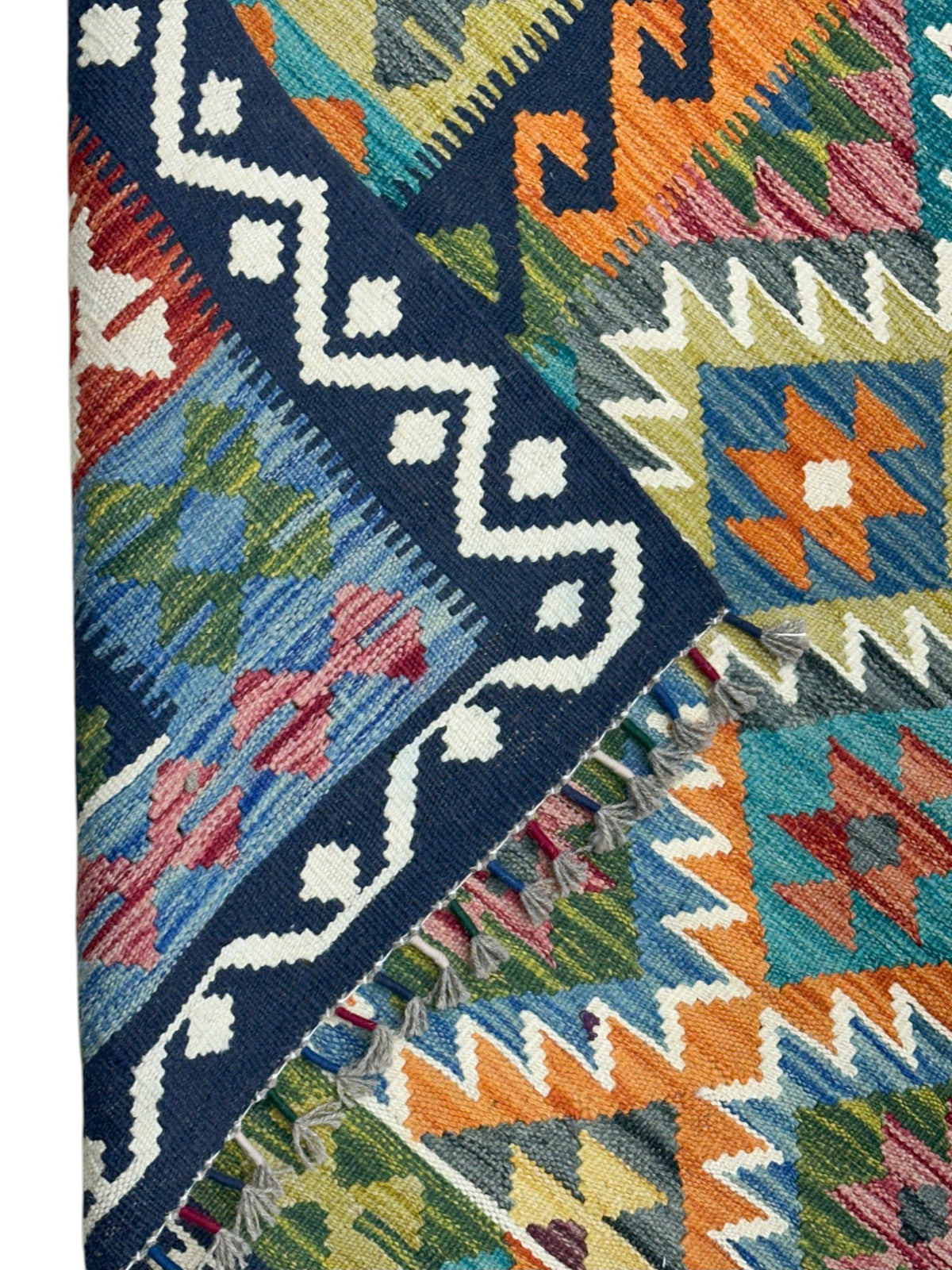 Afghan Kilim Rug 6x8, Teal, Navy & Orange, Hand-Woven Wool Flatweave, view 3