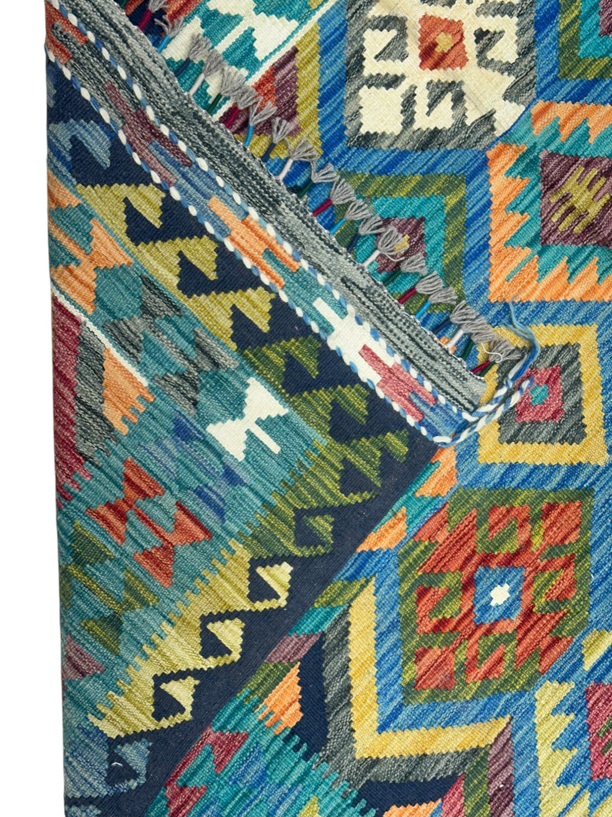 Afghan Kilim Rug 6x8, Teal, Brown & Orange, Hand-Woven Wool Flatweave, view 3