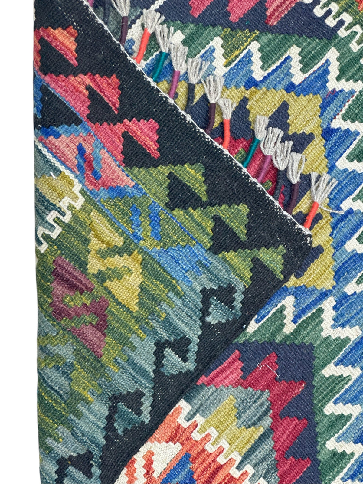 Afghan Kilim Rug 3x4, Black, Blue & Red, Hand-Woven Wool Flatweave, view 3