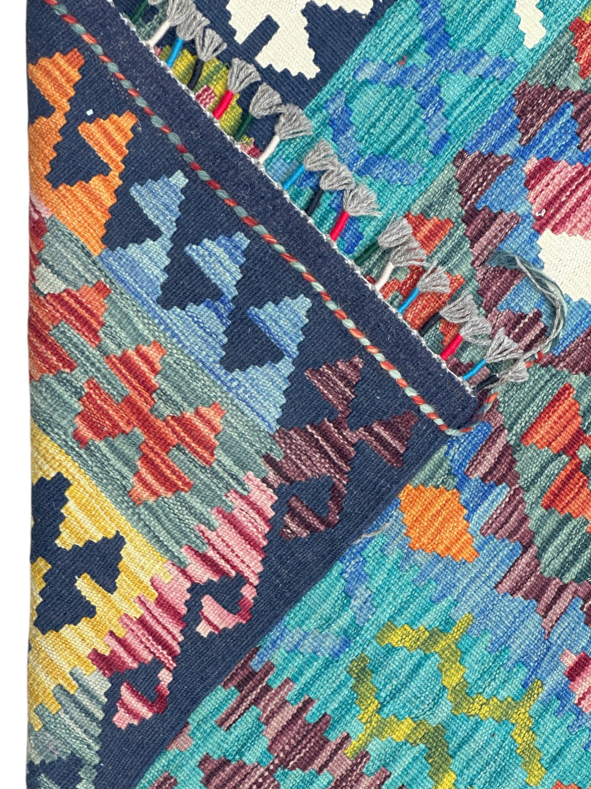 Afghan Kilim Rug 6x8, Teal, Blue & Orange, Hand-Woven Wool Flatweave, view 3