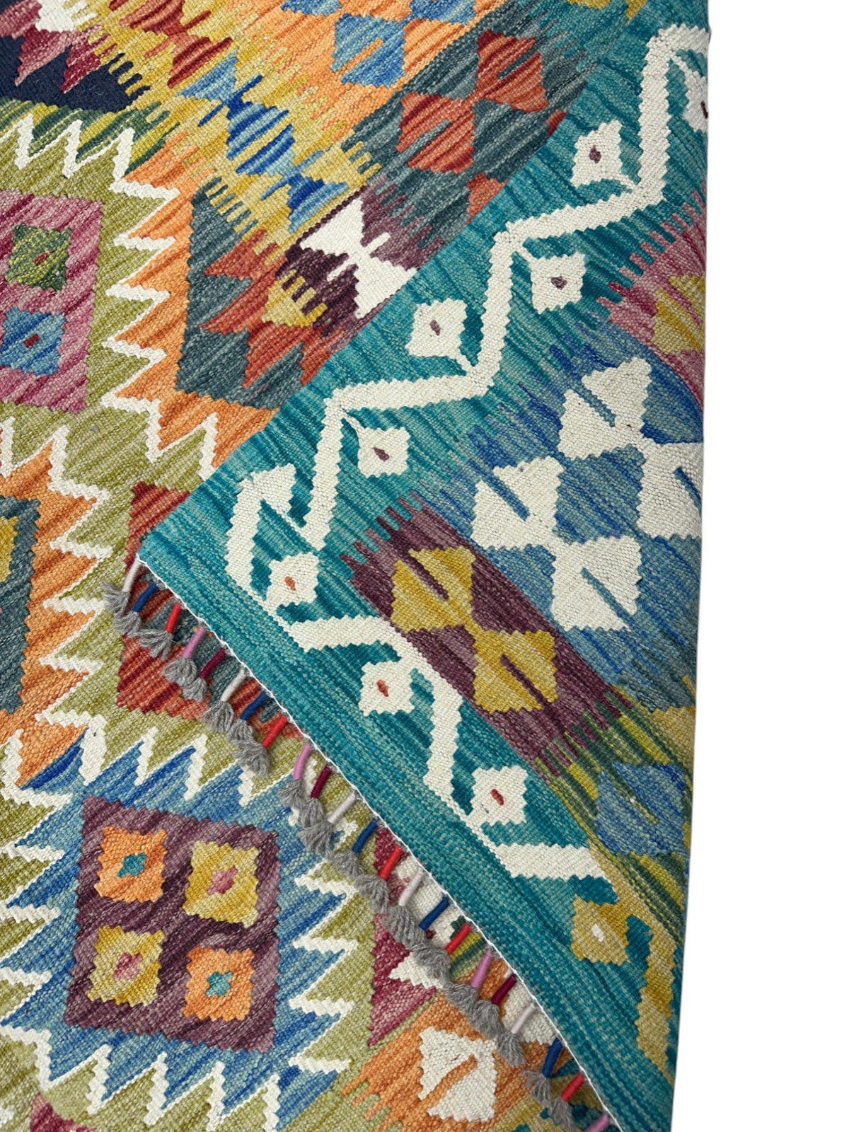 Afghan Kilim Rug 6x8, Gold, Teal & Orange, Hand-Woven Wool Flatweave, view 3