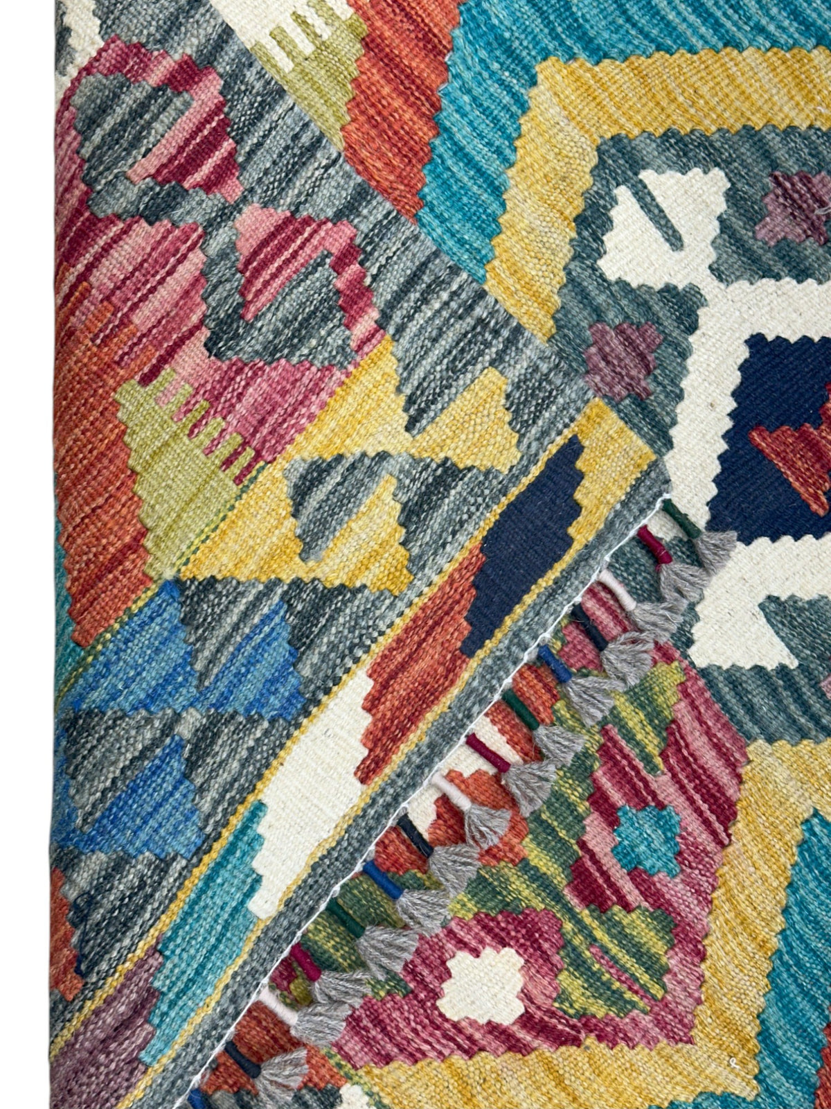 Afghan Kilim Rug 3x4, Rust, Gold & Teal, Hand-Woven Wool Flatweave, view 3