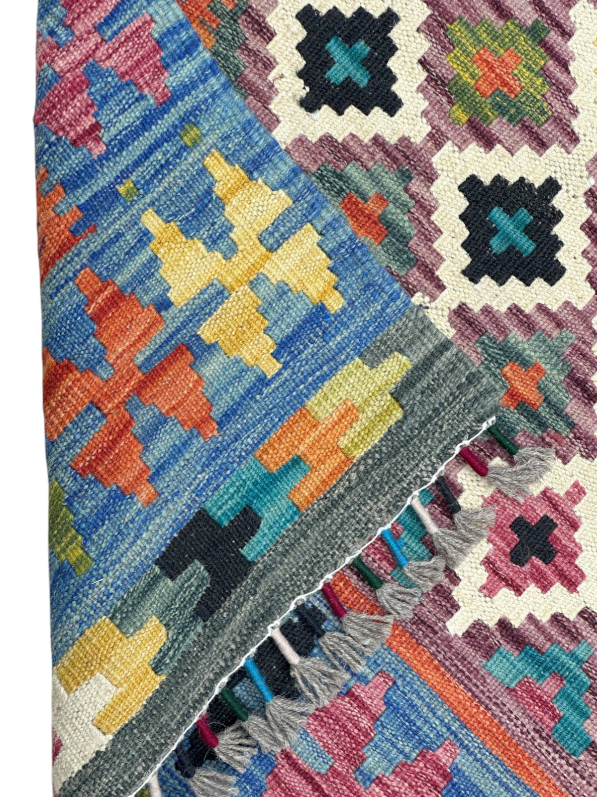 Afghan Kilim Runner 3x6, Blue, Ivory & Rust, Hand-Woven Wool Flatweave, view 3
