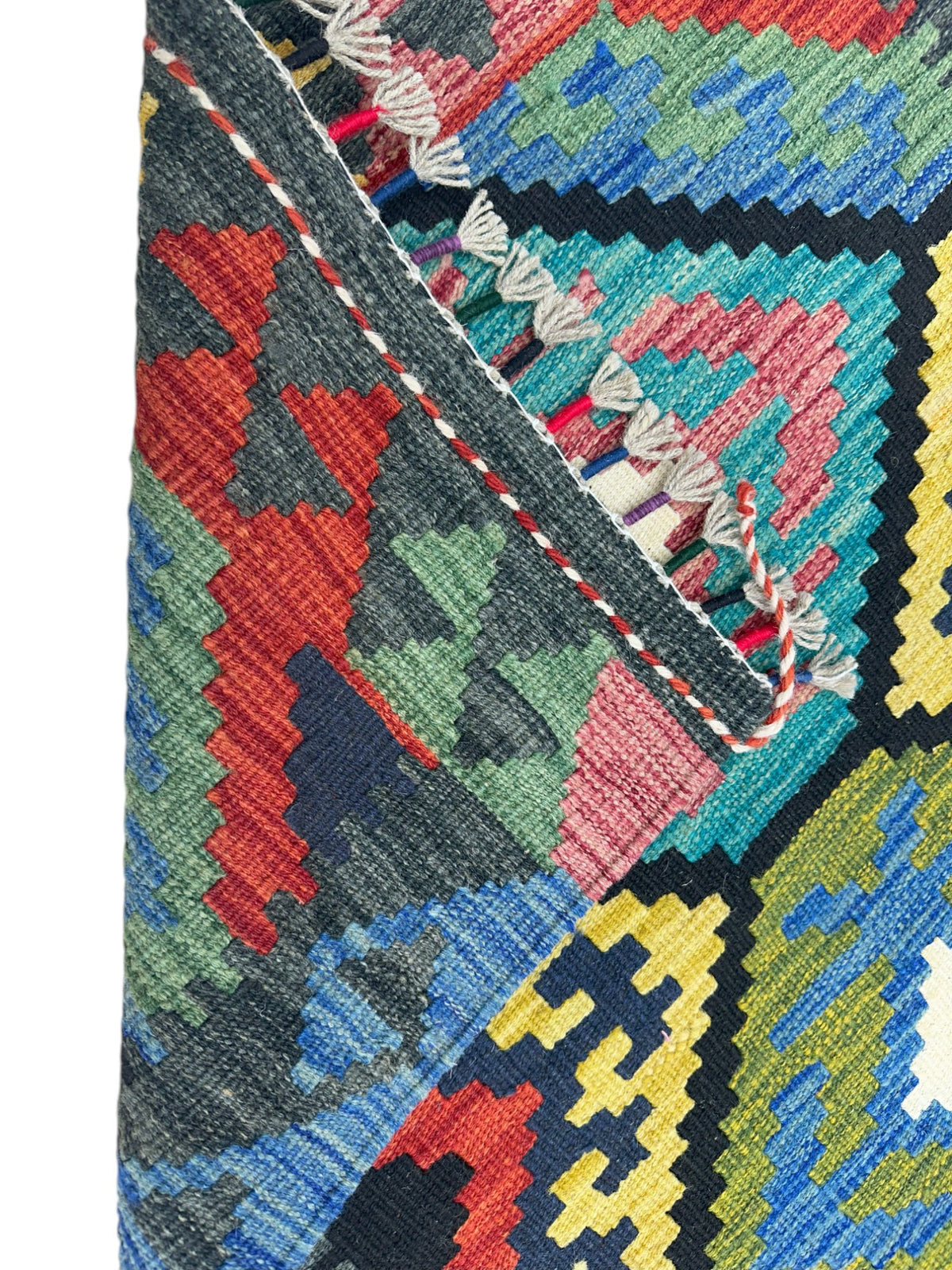 Afghan Kilim Runner 3x6, Teal, Olive Green & Gold, Hand-Woven Wool Flatweave, view 3