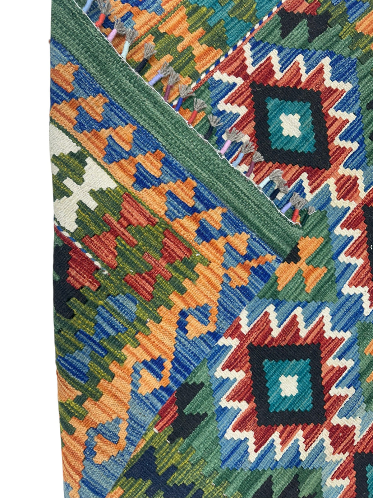 Afghan Kilim Runner 3x6, Green, Orange & Black, Hand-Woven Wool Flatweave, view 3