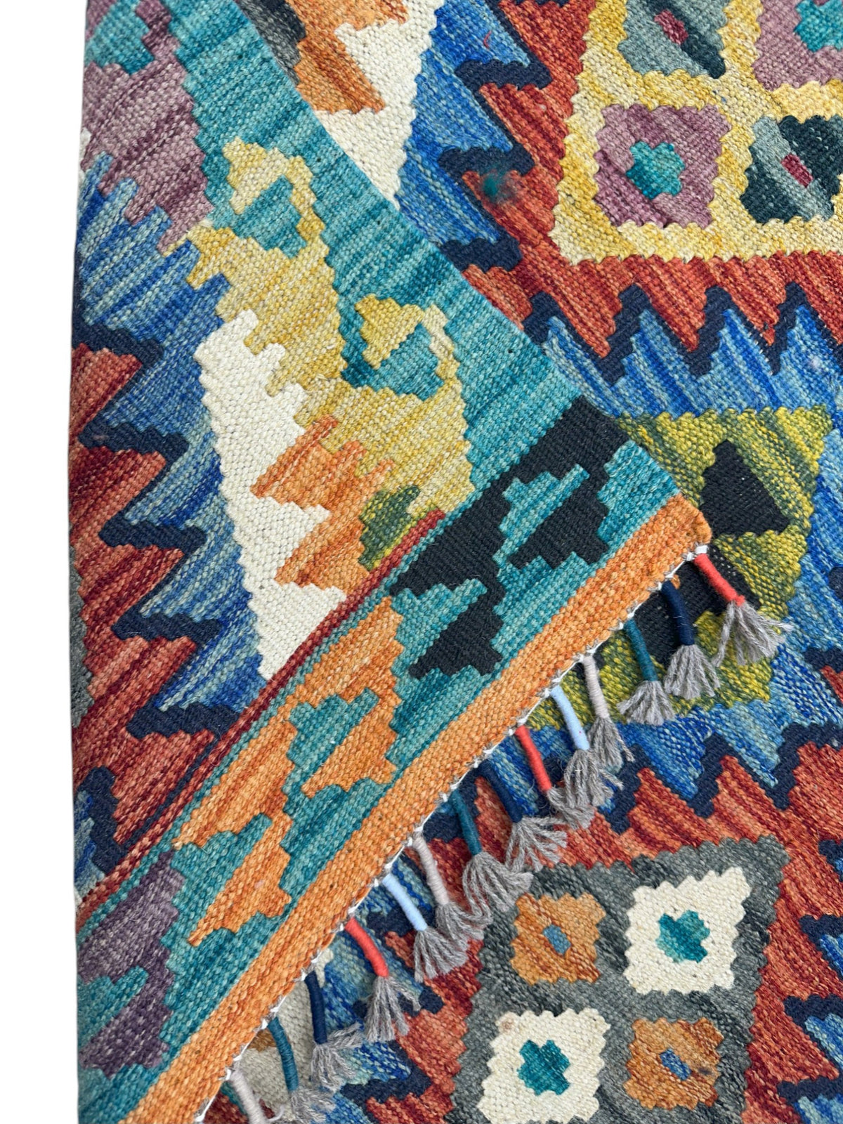 Afghan Kilim Runner 3x6, Teal, Rust & Navy, Hand-Woven Wool Flatweave, view 3
