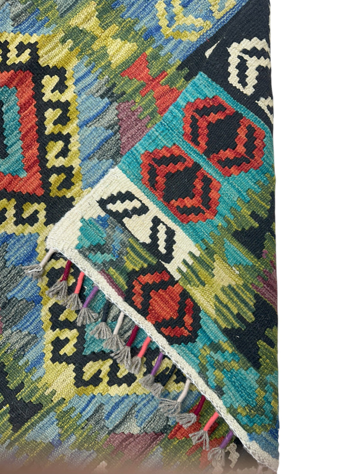 Afghan Kilim Rug 3x4, Black, Blue & Teal, Hand-Woven Wool Flatweave, view 3