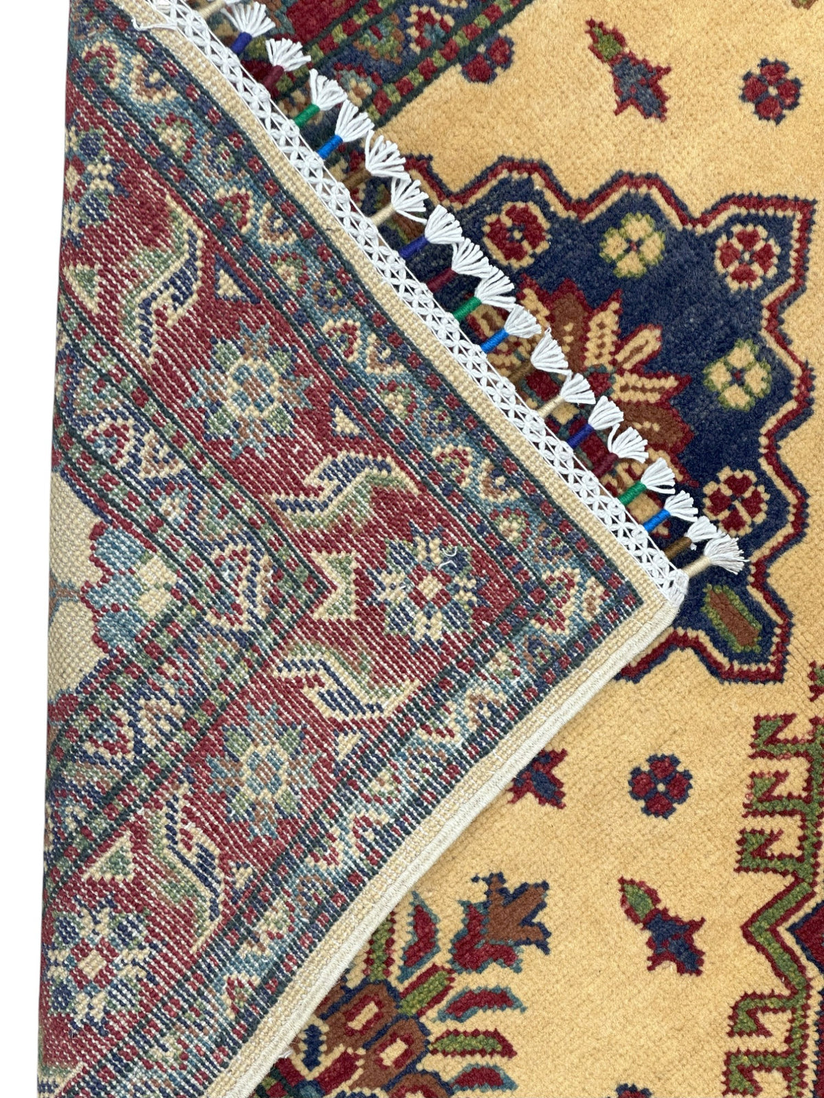 Afghan Kazak Rug 3'3" x 4'9", Hand-Knotted Wool, Blue, Cream & Red, view 4