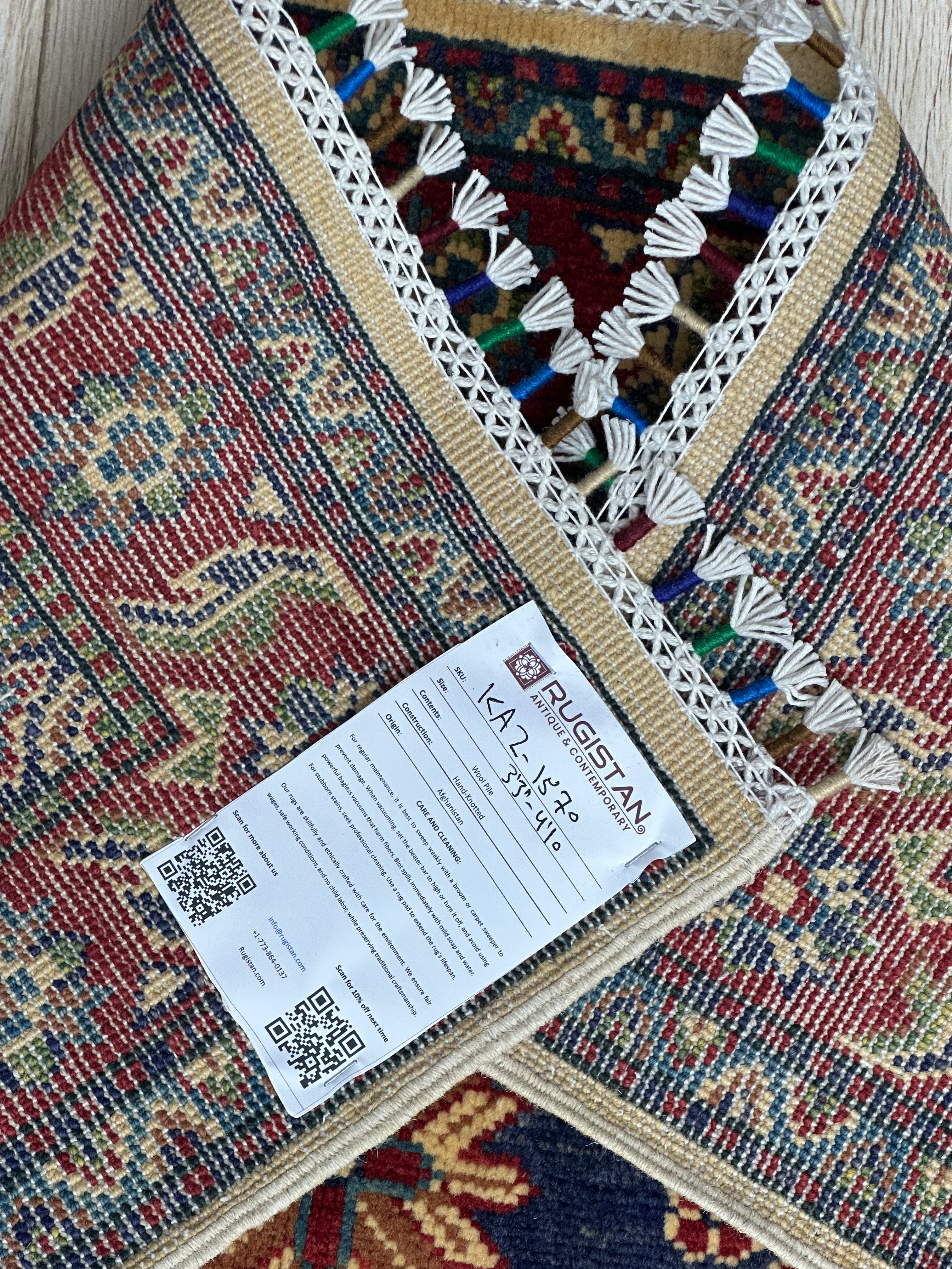 Afghan Kazak Rug 3'3" x 4'9", Hand-Knotted Wool, Blue, Cream & Red, view 5