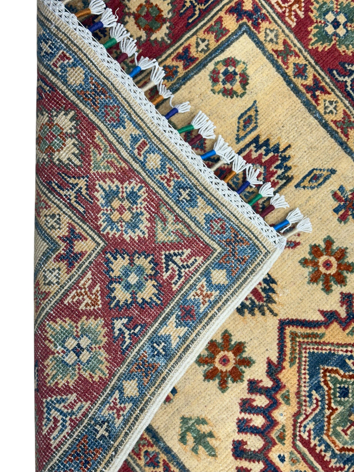 Afghan Kazak Rug 2'9" x 4'4", Hand-Knotted Wool, Cream & Red, view 4