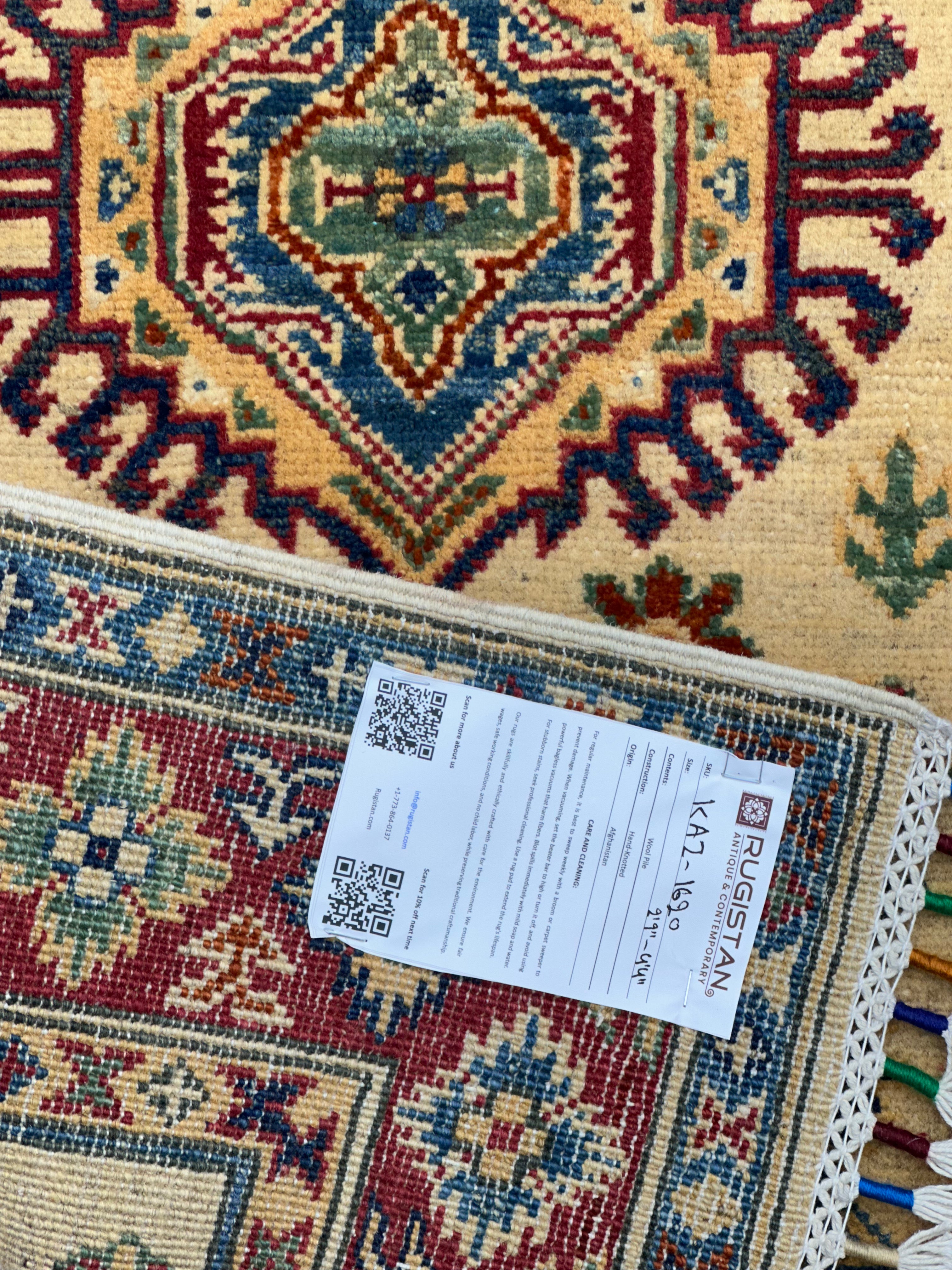 Afghan Kazak Rug 2'9" x 4'4", Hand-Knotted Wool, Cream & Red, view 5