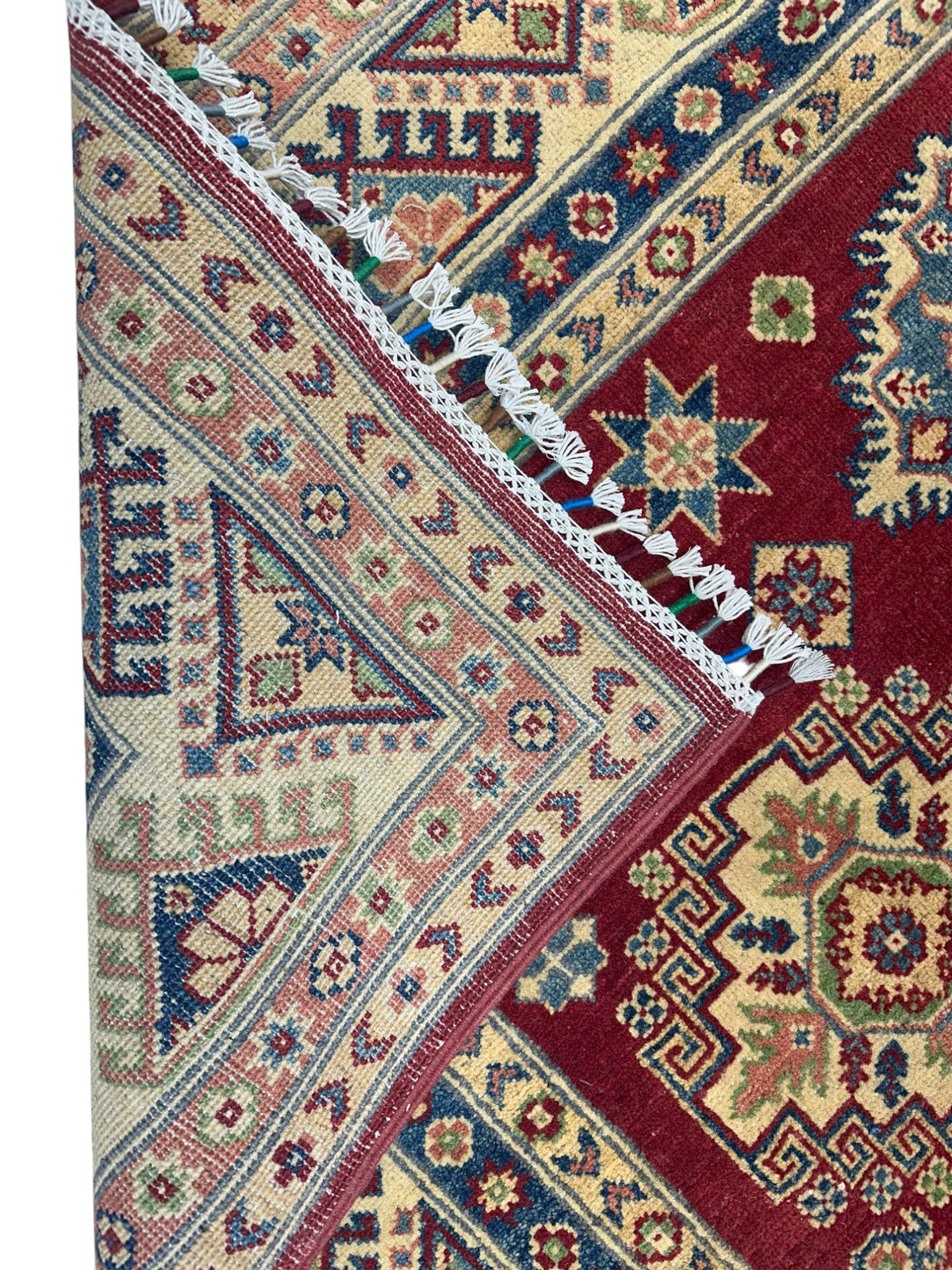 Afghan Kazak Rug 5'7" x 7'9", Hand-Knotted Wool, Cream & Red, view 4