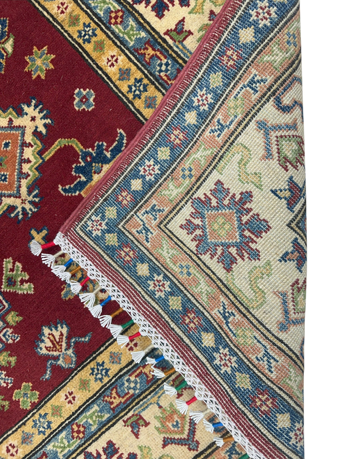 Afghan Kazak Rug 5'5" x 8', Hand-Knotted Wool, Cream & Red, view 4