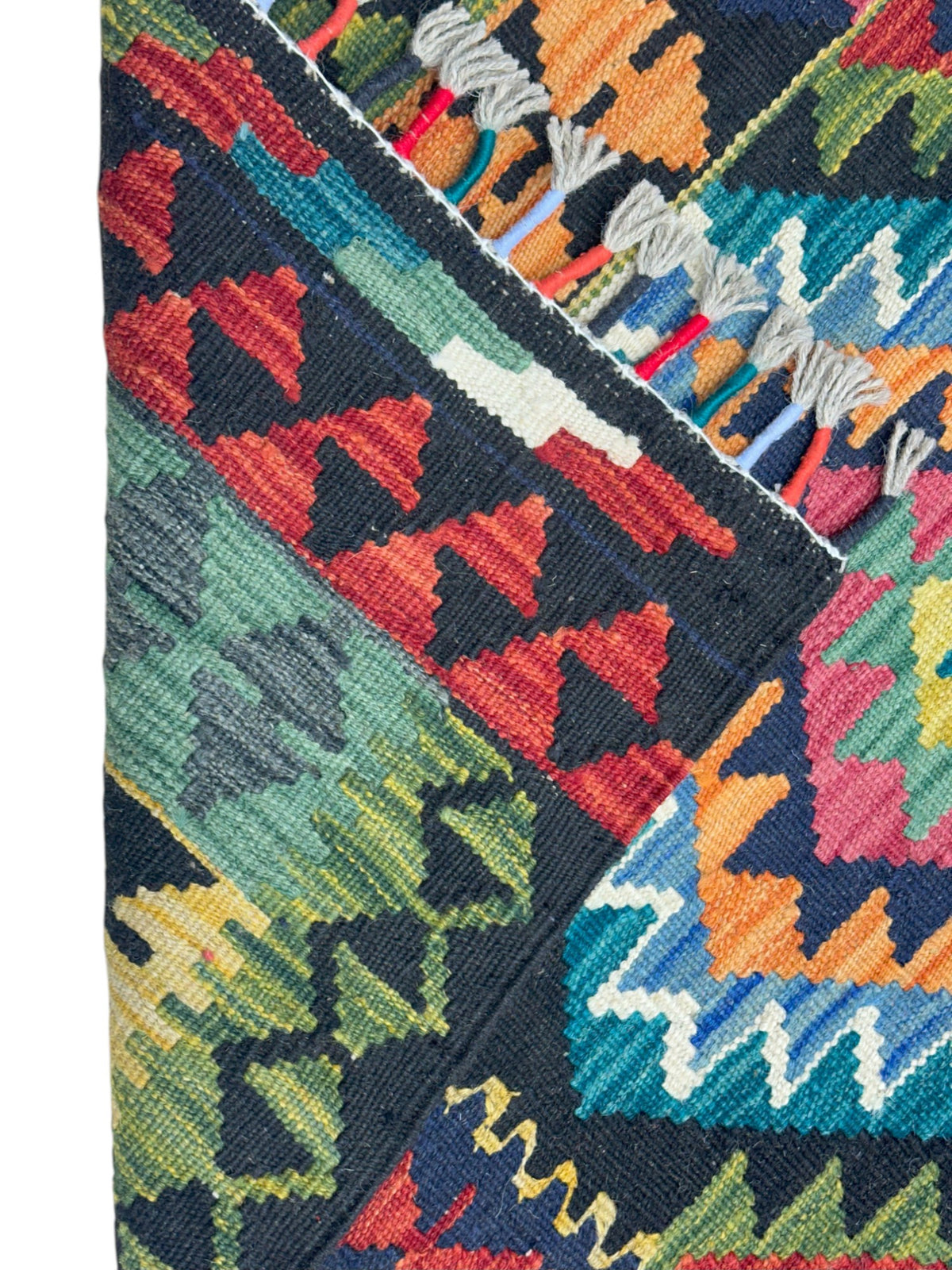 Afghan Kilim Rug 3x4, Black, Olive Green & Orange, Hand-Woven Wool Flatweave, view 3
