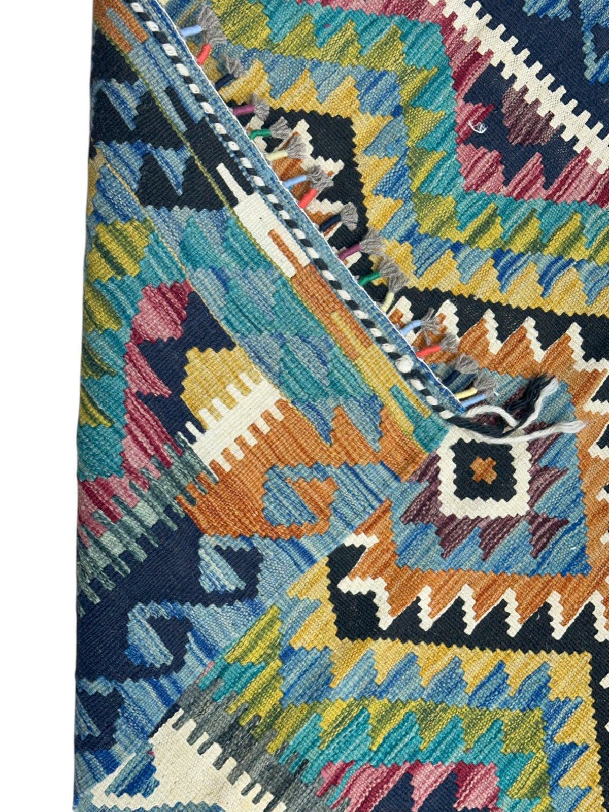 Afghan Kilim Rug 3x4, Teal, Olive Green & Orange, Hand-Woven Wool Flatweave, view 3