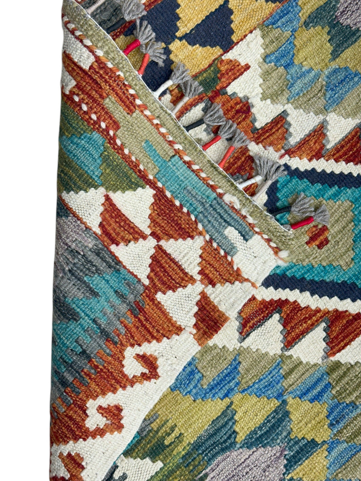 Afghan Kilim Rug 3x4, Ivory, Rust & Olive Green, Hand-Woven Wool Flatweave, view 3