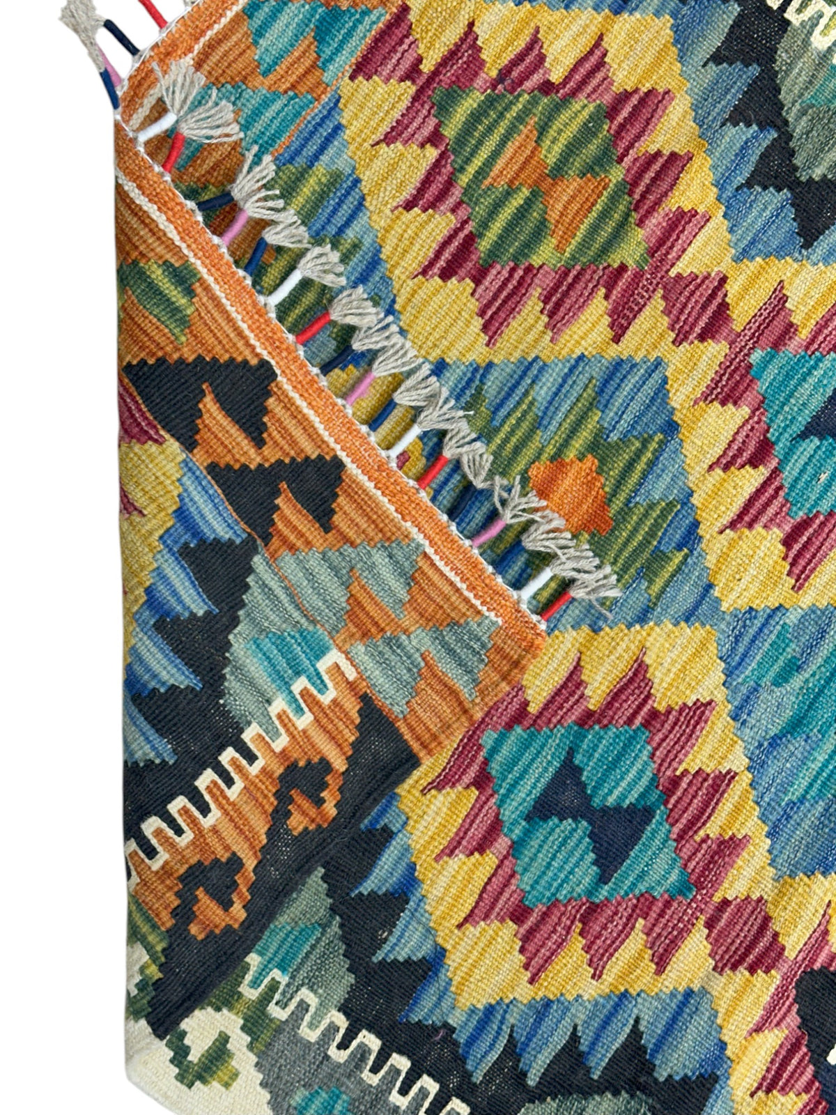 Afghan Kilim Rug 3x4, Gold, Teal & Orange, Hand-Woven Wool Flatweave, view 3