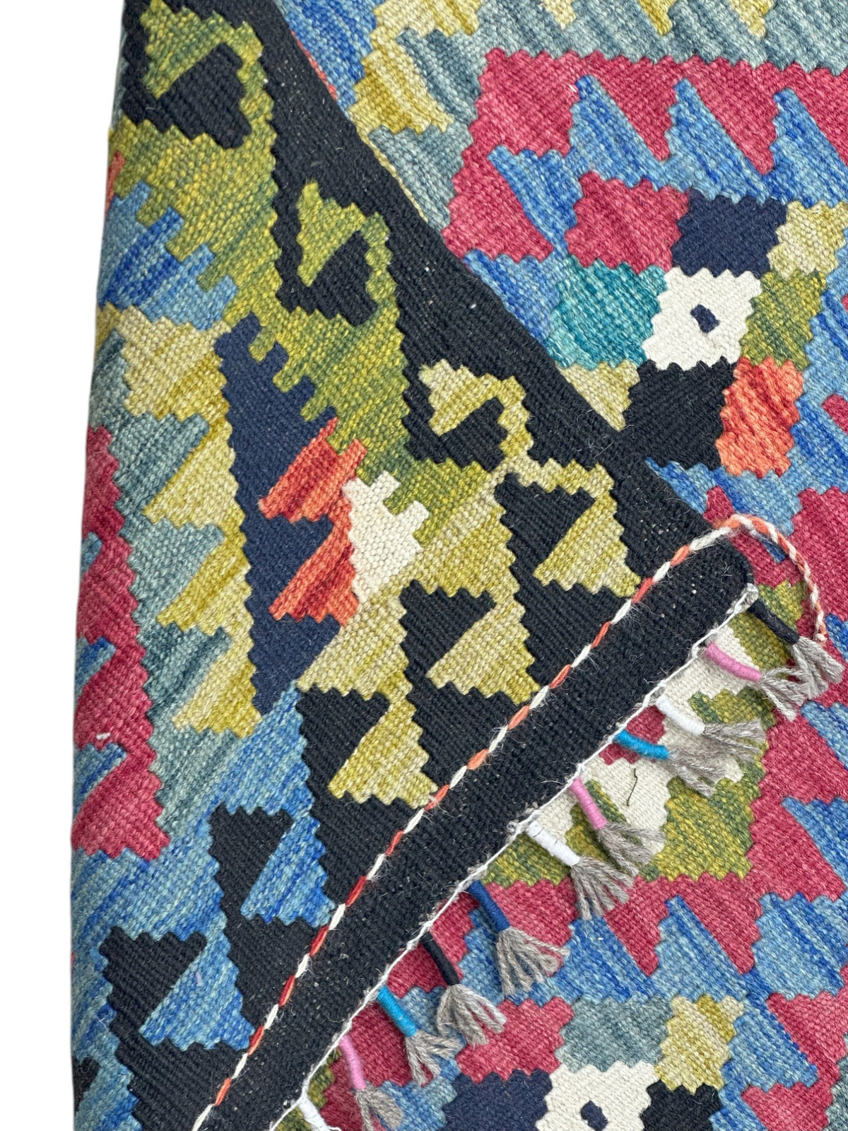 Afghan Kilim Rug 3x4, Pink, Blue & Olive Green, Hand-Woven Wool Flatweave, view 3