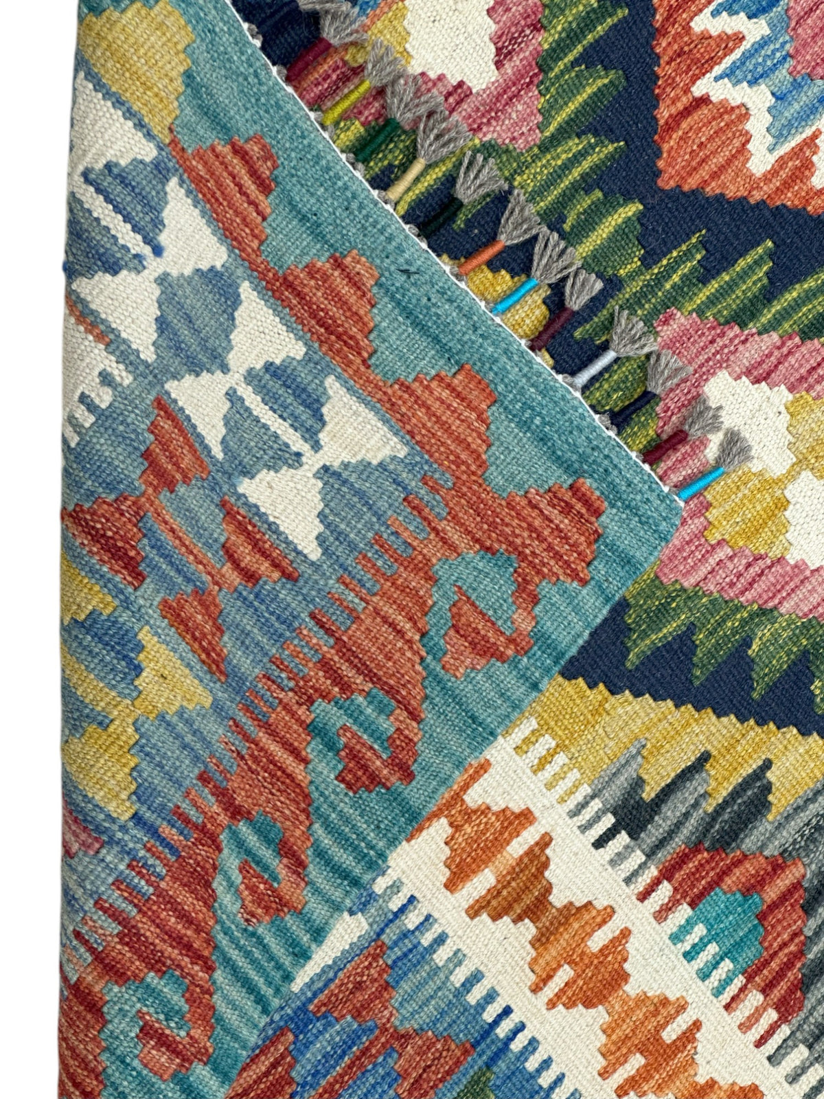 Afghan Kilim Rug 5x6, Teal, Black & Orange, Hand-Woven Wool Flatweave, view 3