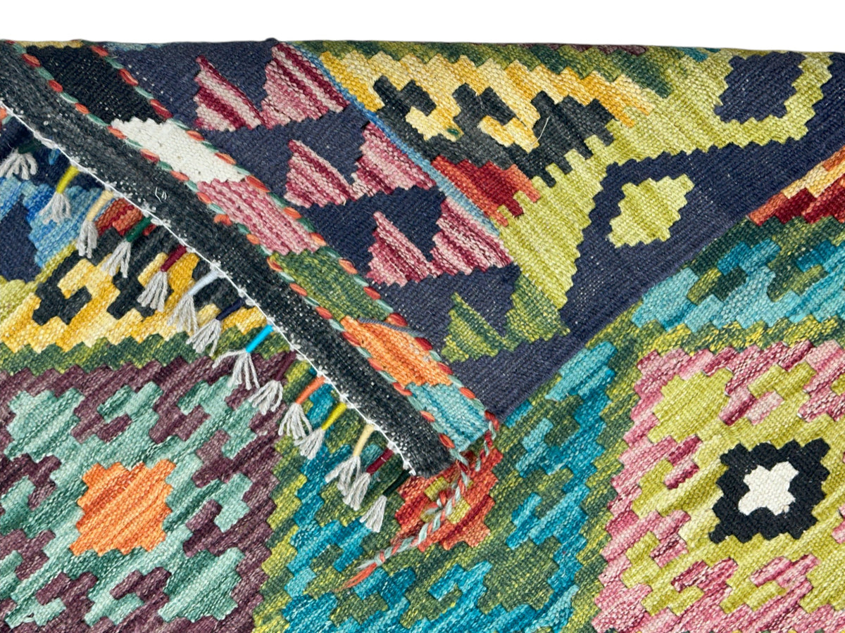 Afghan Kilim Rug 5x7, Green, Gold & Orange, Hand-Woven Wool Flatweave, view 3
