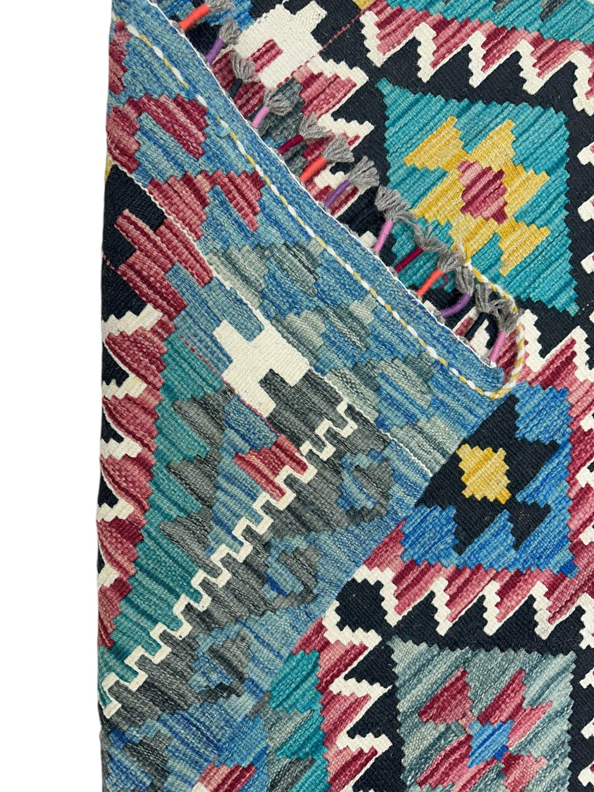 Afghan Kilim Rug 3x4, Teal, Blue & Black, Diamond Lattice Wool Flatweave, view 3