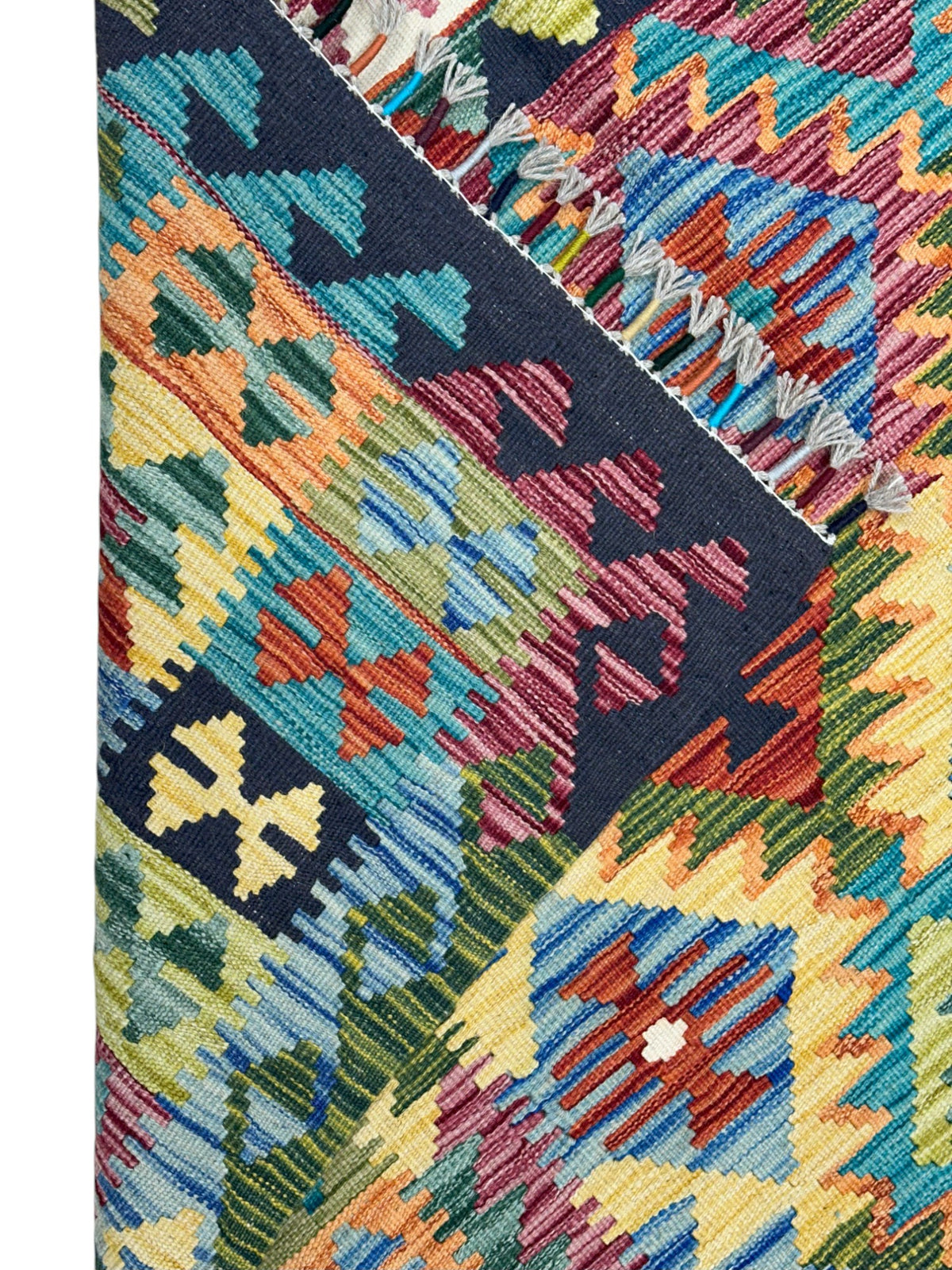 Afghan Kilim Rug 5x6, Gold, Teal & Rust, Hand-Woven Wool Flatweave, view 3