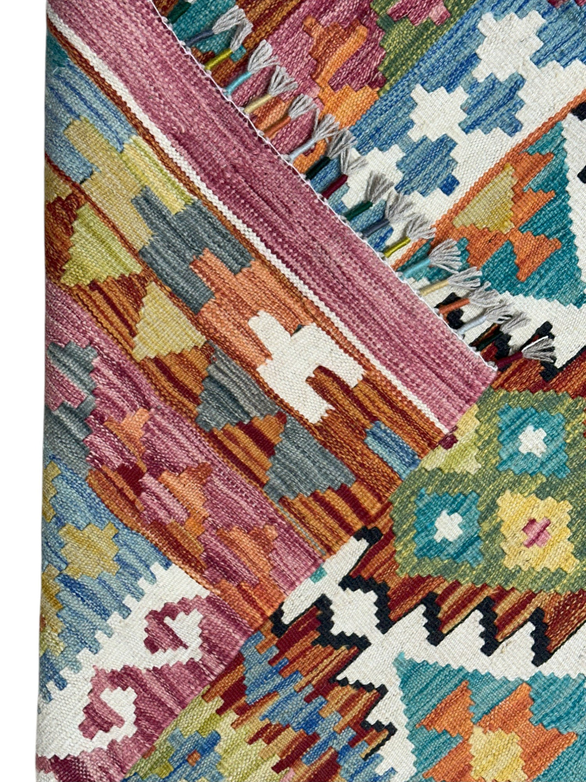 Afghan Kilim Rug 5x7, Ivory, Rust & Pink, Hand-Woven Wool Flatweave, view 3