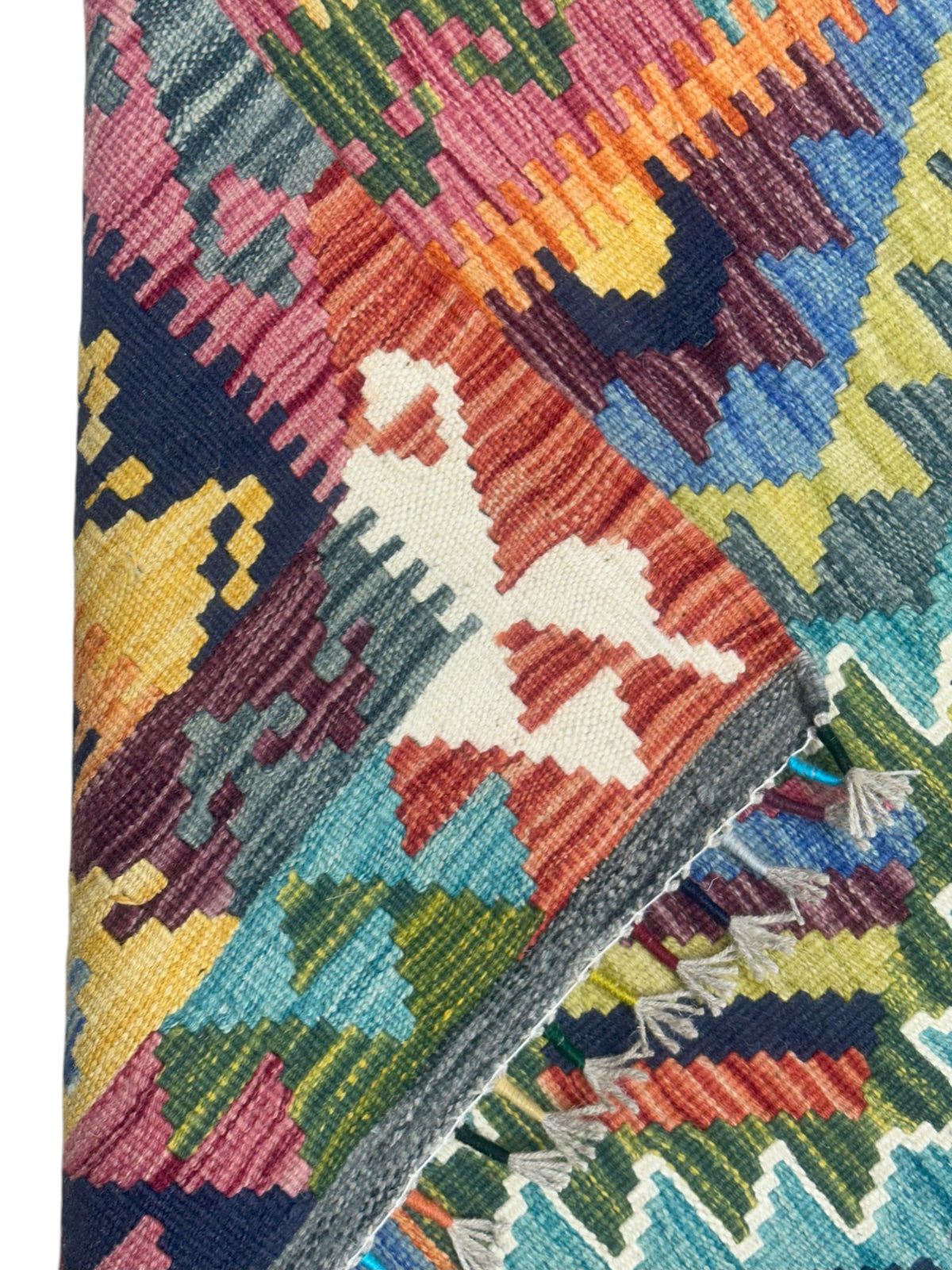 Afghan Kilim Rug 5x6, Teal, Gold & Rust, Hand-Woven Wool Flatweave, view 3