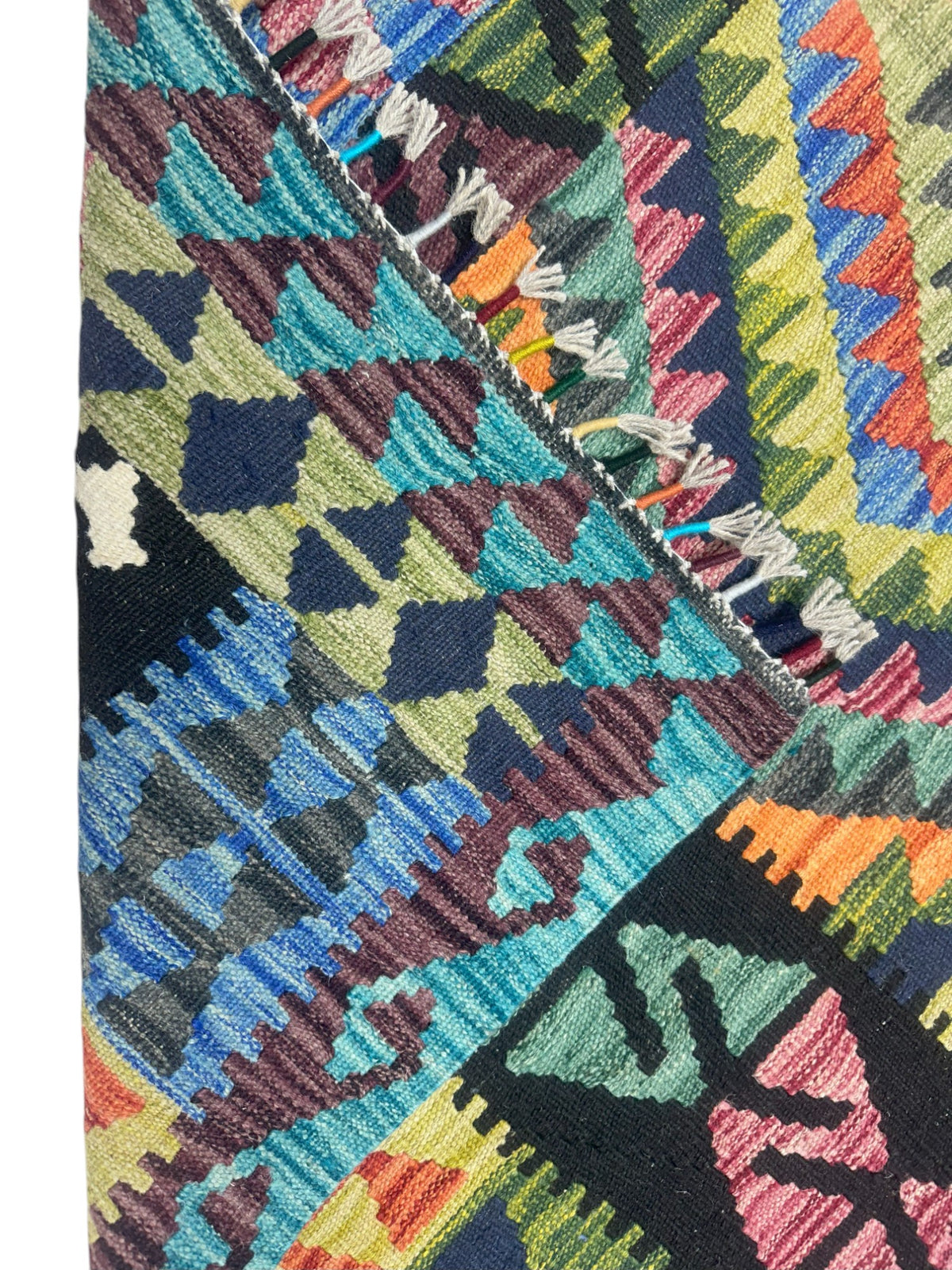 Afghan Kilim Rug 5x7, Teal, Black & Pink, Hand-Woven Wool Flatweave, view 3