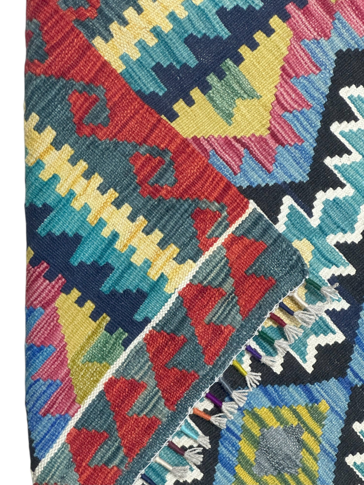 Afghan Kilim Rug 4x5, Red, Teal & Black, Hand-Woven Wool Flatweave, view 3