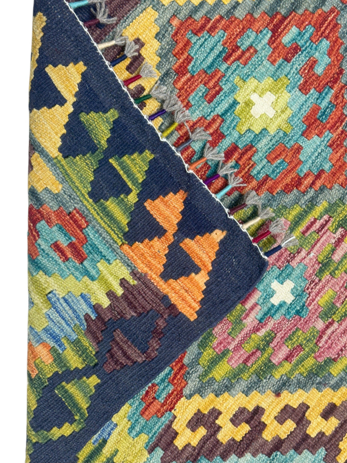 Afghan Kilim Rug 4x6, Olive Green, Navy & Gold, Hand-Woven Wool Flatweave, view 3