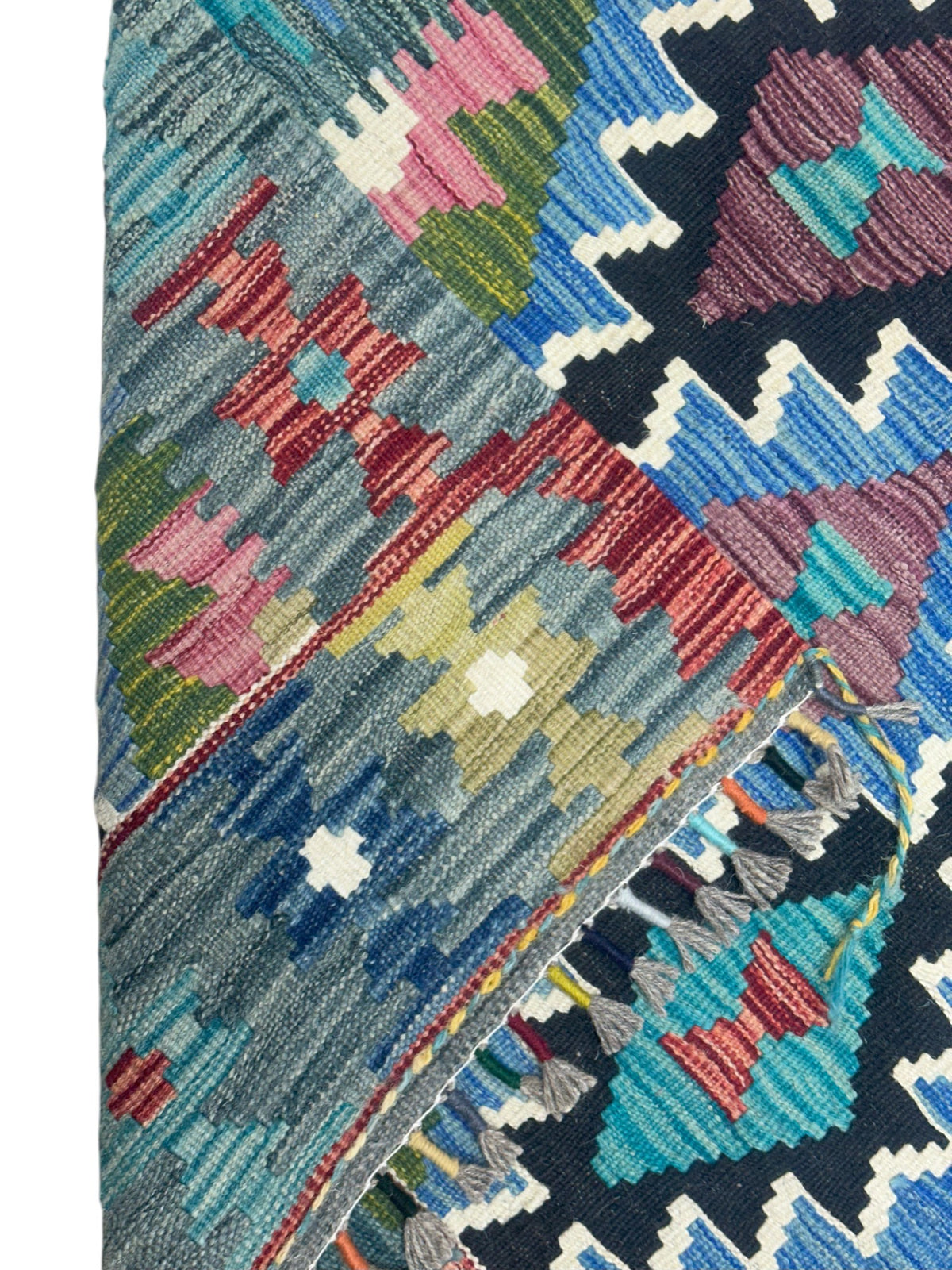 Afghan Kilim Rug 3x4, Teal, Blue & Black, Hand-Woven Wool Flatweave, view 3
