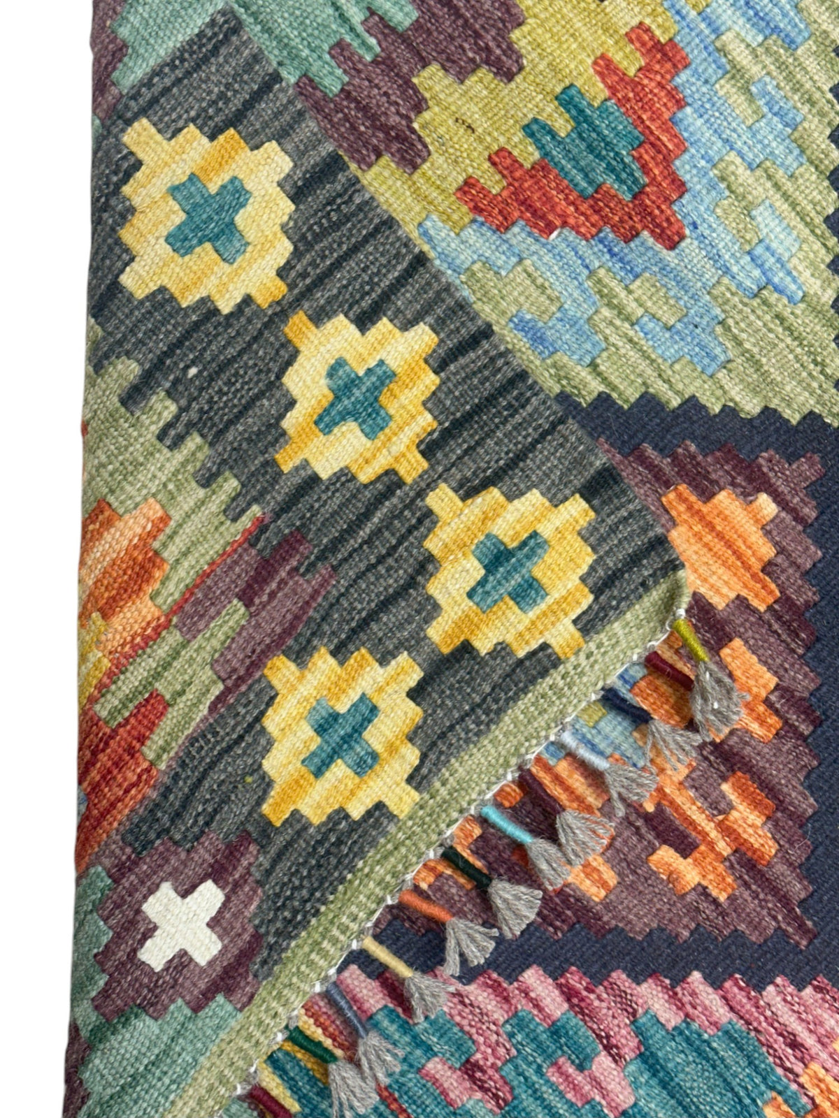 Afghan Kilim Runner 3x6, Olive Green, Blue & Navy, Hand-Woven Wool Flatweave, view 3