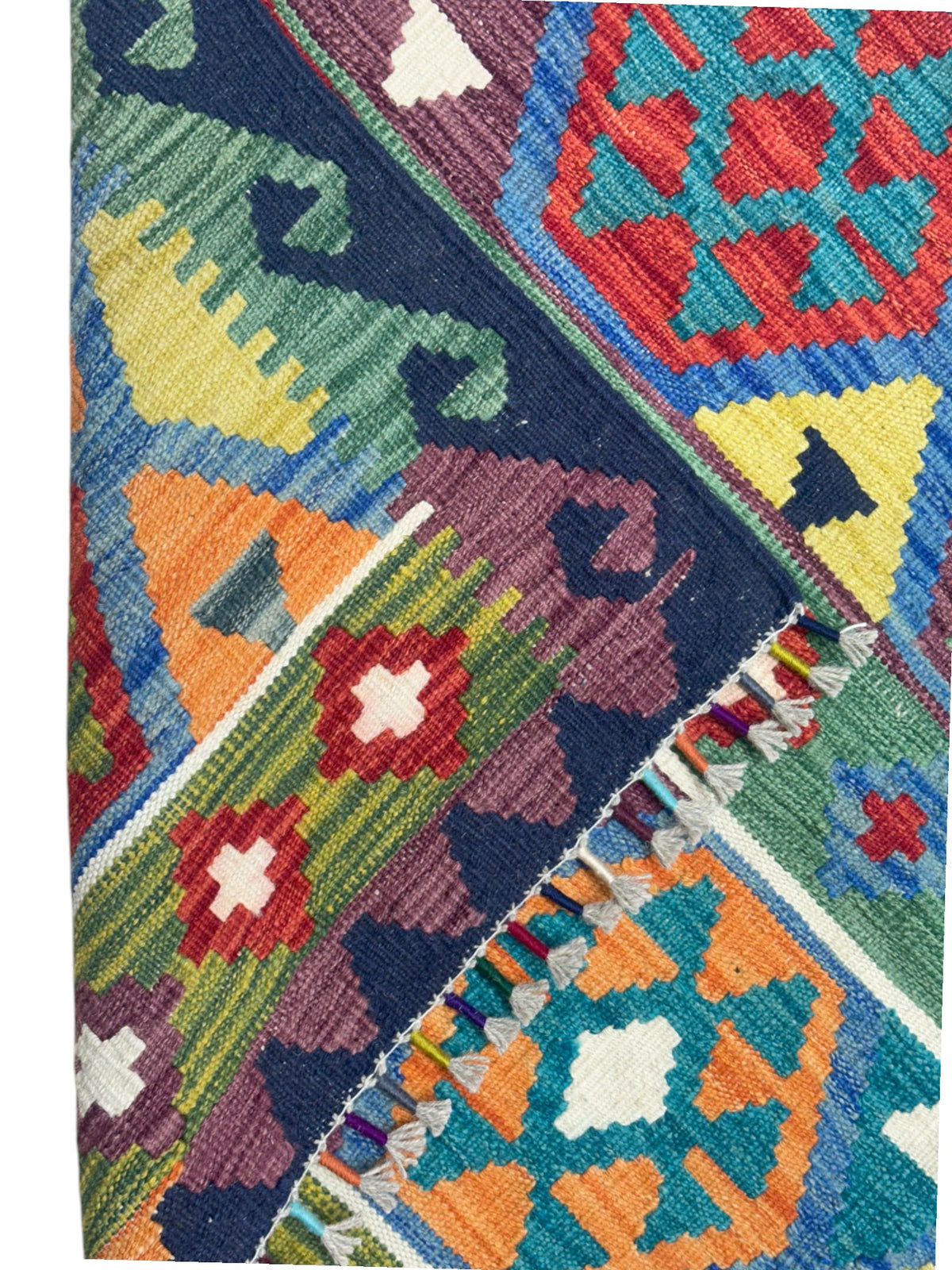 Afghan Kilim Rug 5x7, Navy, Orange & Olive Green, Hand-Woven Wool Flatweave, view 3