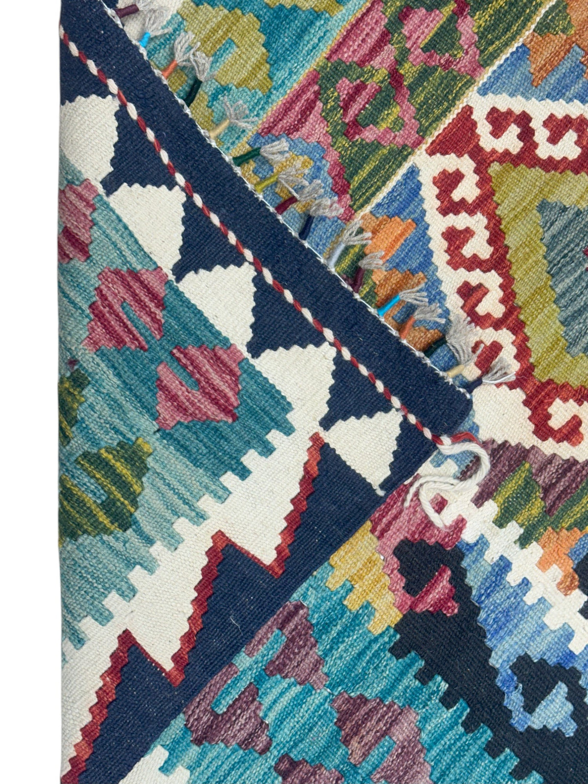 Afghan Kilim Rug 5x6, Teal, Navy & Ivory, Hand-Woven Wool Flatweave, view 3