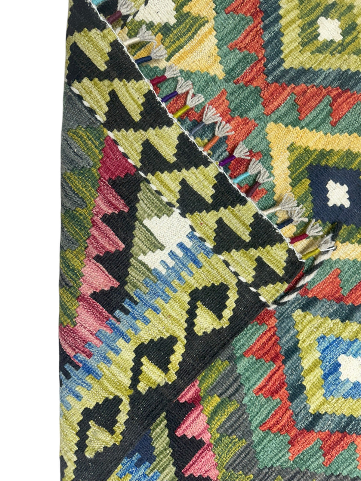 Afghan Kilim Rug 4x5, Olive Green, Rust & Black, Hand-Woven Wool Flatweave, view 3