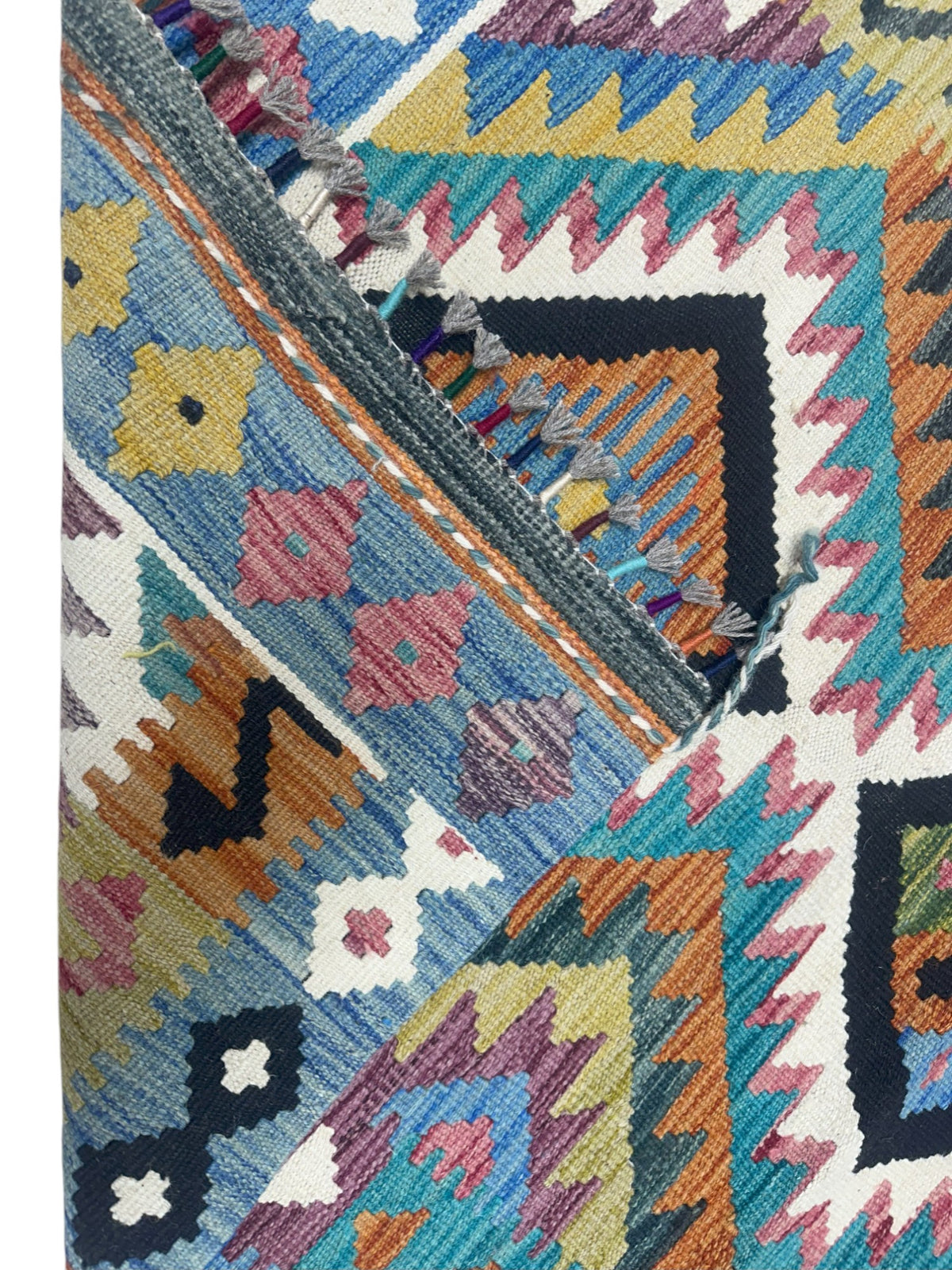 Afghan Kilim Rug 3x5, Blue, Ivory & Black, Hand-Woven Wool Flatweave, view 3