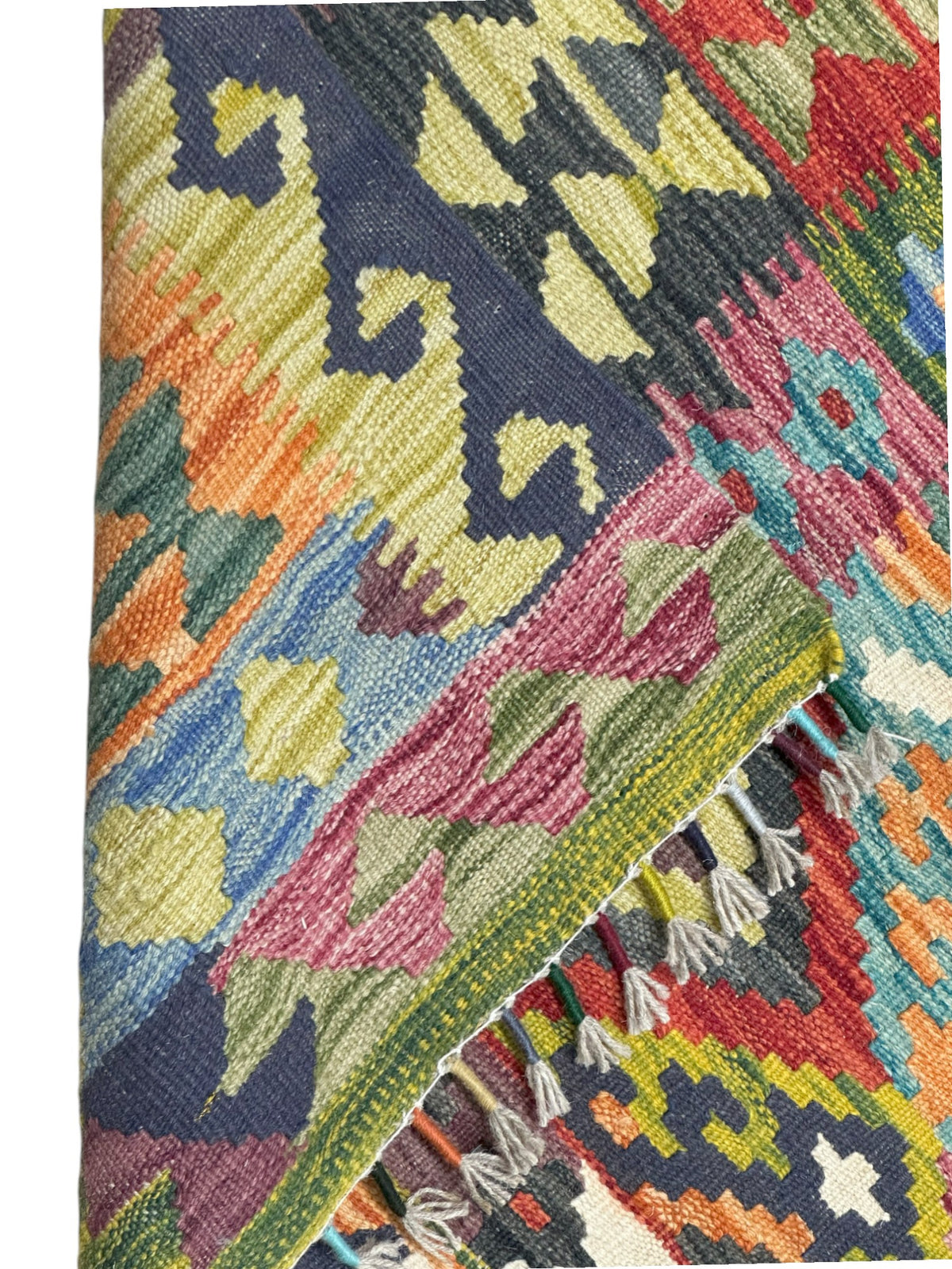 Afghan Kilim Rug 5x6, Olive Green, Teal & Orange, Hand-Woven Wool Flatweave, view 3