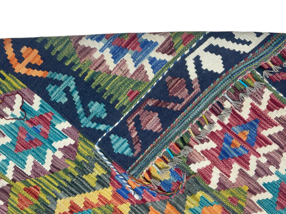 Afghan Kilim Rug 4x6, Olive Green, Navy & Pink, Hand-Woven Wool Flatweave, view 3