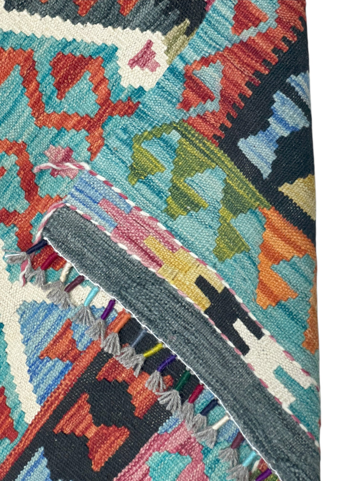 Afghan Kilim Rug 3x5, Teal, Orange & Ivory, Hand-Woven Wool Flatweave, view 3